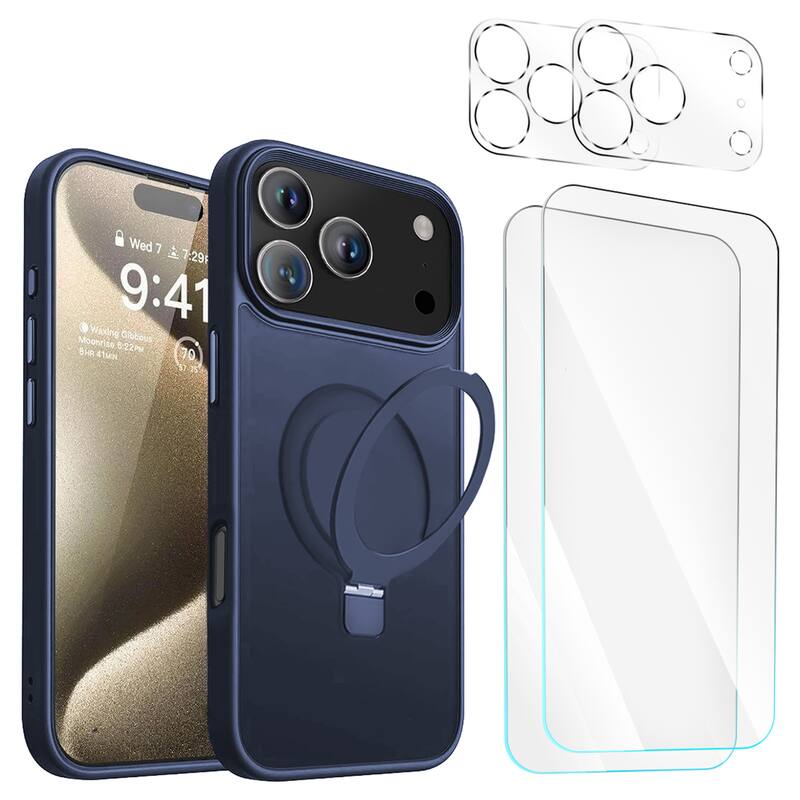 Entronix - iPhone 17 Pro Bundle: Magnetic Matte Gripstand Case with Screen & Camera Protectors - Navy Blue