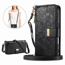 Dteck - Floral Embossed Leather Zipper Cash Slot Wallet Case for Apple iPhone 17 with Detachable Strap - Black