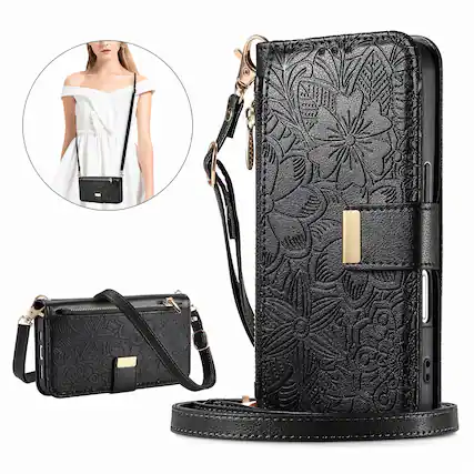 Front. Dteck - Floral Embossed Leather Zipper Cash Slot Wallet Case for Apple iPhone 17 with Detachable Strap - Black.