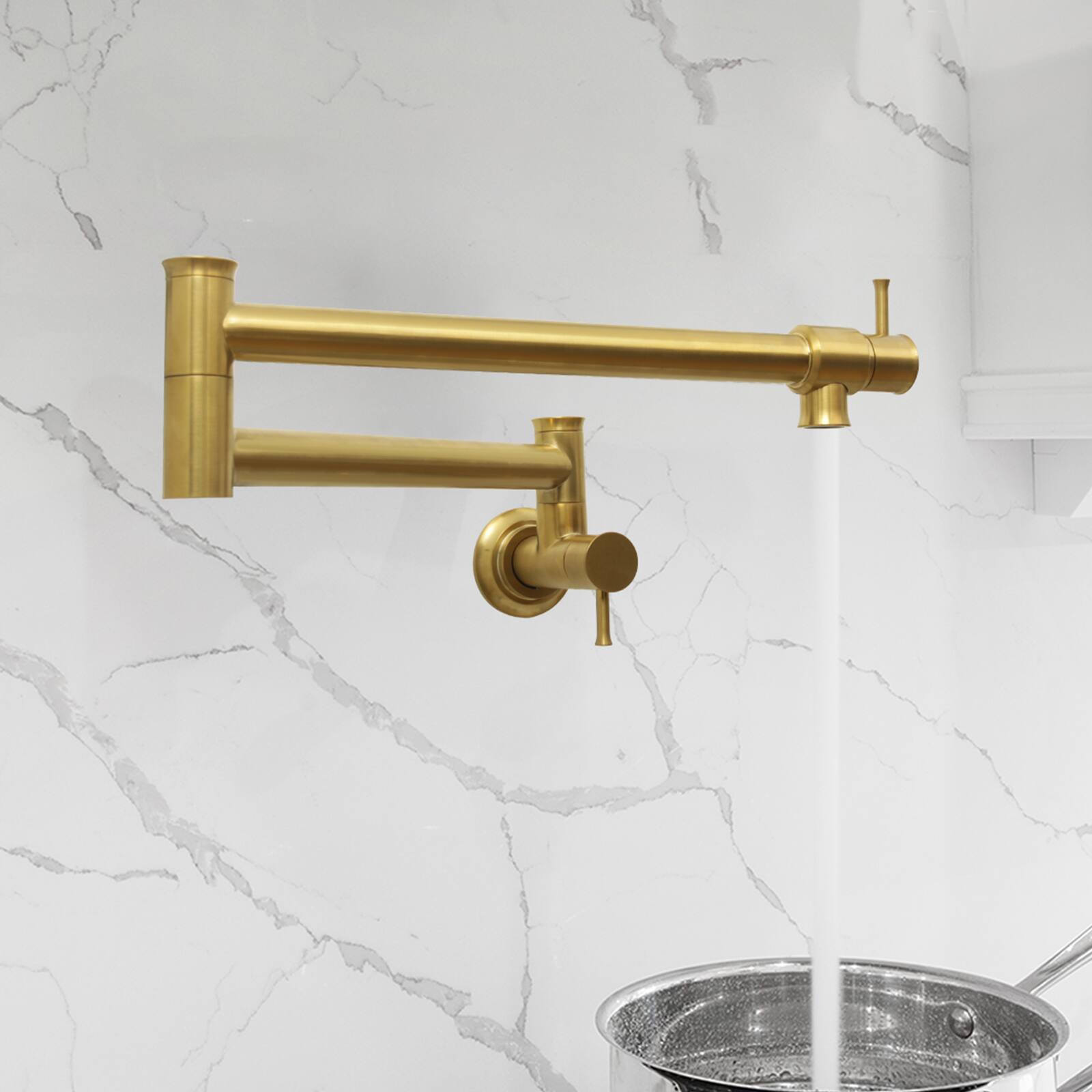 Alt View 3. Akicon - Akicon Solid Brass Wall-Mounted Pot Filler Kitchen Faucet with Double Joint Swing Arms for Stovetop in Brushed Gold - Brushed Gold.