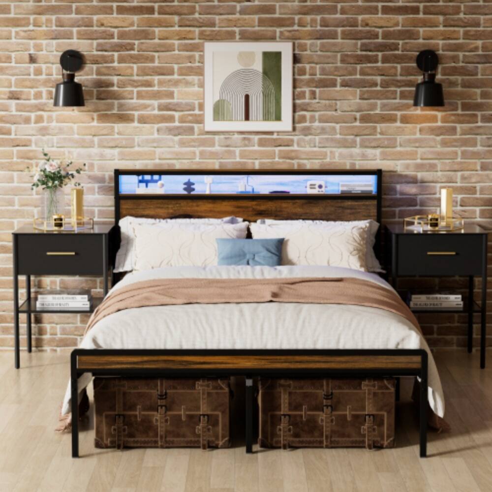 Angle. LUCKY ONE - Queen Size Bed Frame with Storage Headboard, LED Lights, USB Charging Station, Metal Slats, No Box Spring Needed - Antique brown.