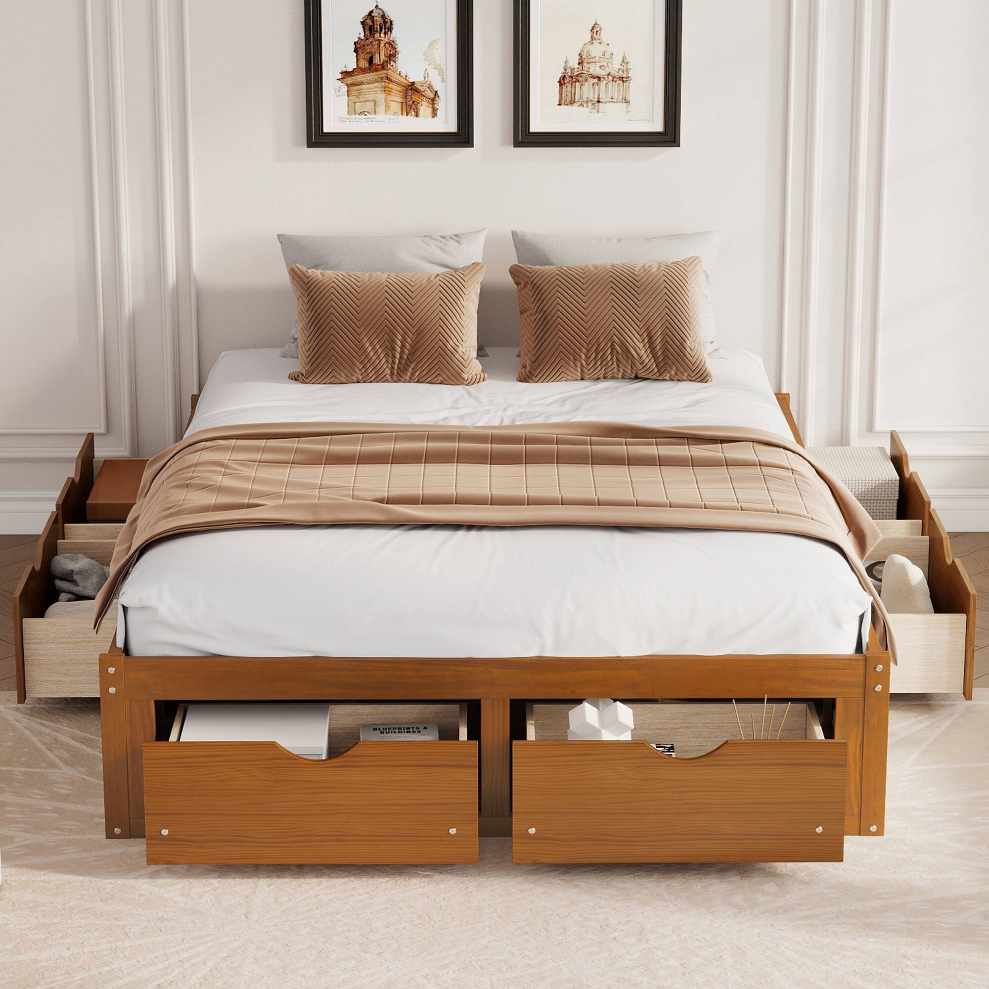 Angle. Whisen - Storage Platform Bed with 6 Spacious Pull-Out Drawers for Bedroom - Walnut.