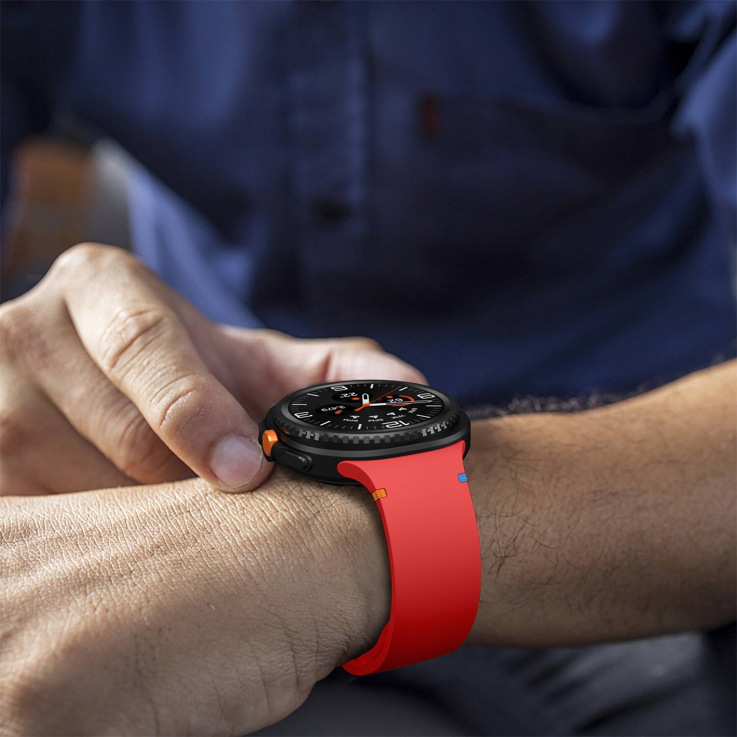 Left. StrapsCo - Active Band Silicone Rubber Watch Strap For Samsung Galaxy Watch 8 (Short-Medium) - Crimson.