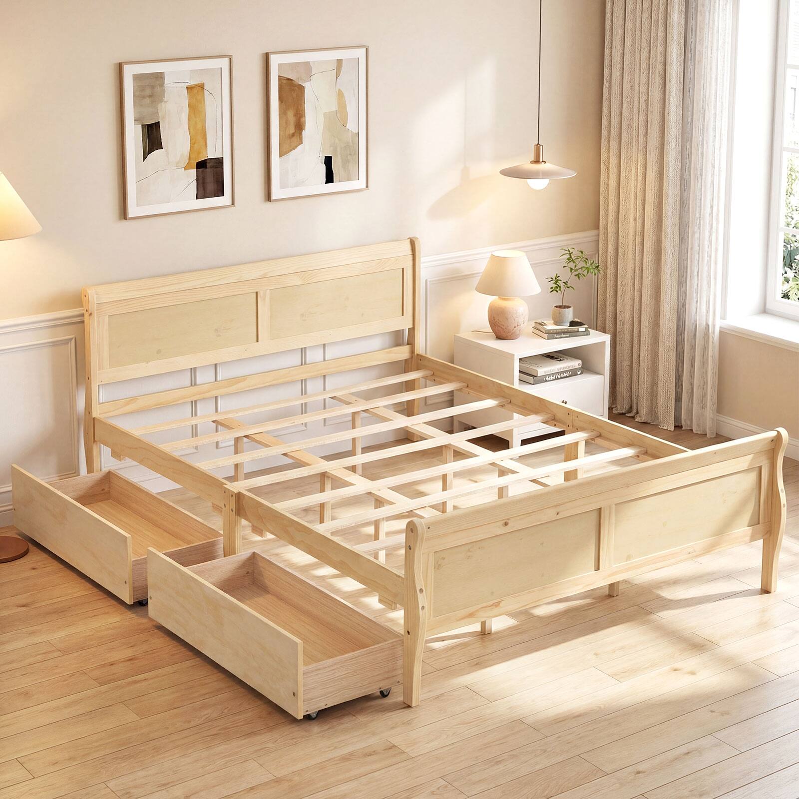 Alt View 5. Costway - Costway Queen Size Bed Frame with Storage Drawers, Wood Platform Bed with Headboard Footboard - Natural.