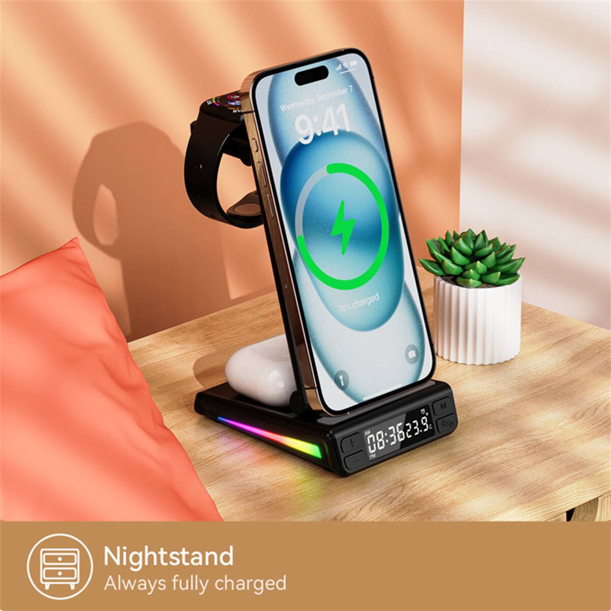 - 7 September Wednesday 9:41
- 0% charged
- 1 M
- 08:08:3623.9
- Nightstand
- Always fully charged