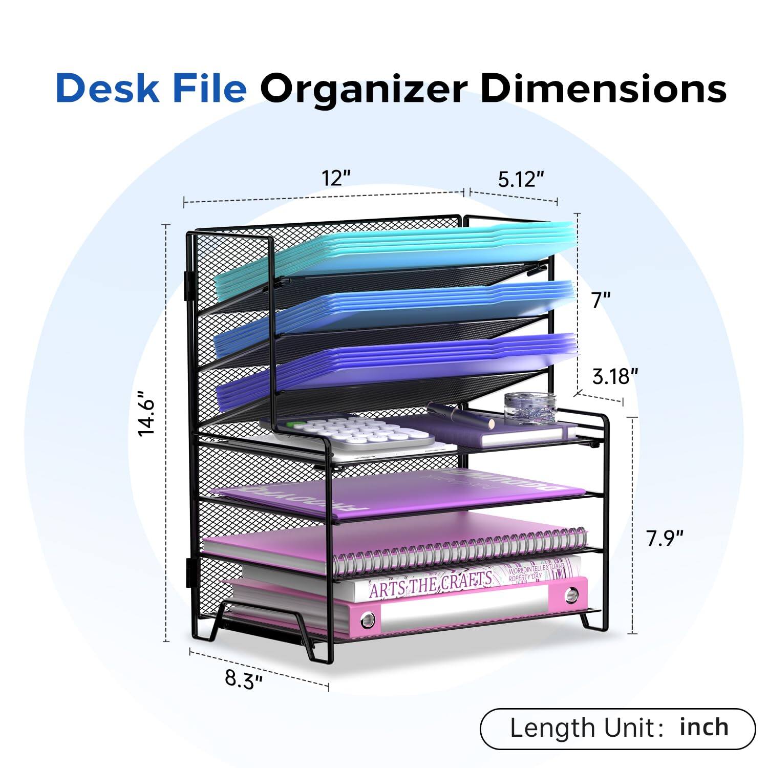 Desk File Organizer Dimensions

- Length: 12"
- Width: 5.12"
- Height: 14.6"
- Depth: 8.3"
- Shelf 1 Height: 7"
- Shelf 2 Height: 3.18"
- Shelf 3 Height: 7.9"

Length Unit: inch