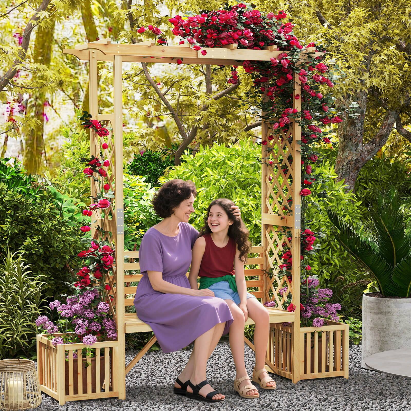 Alt View 3. Costway - Costway Patio Garden Bench Arbor Arch with Pergola Planting Box Side Trellis for Vines - Beige.