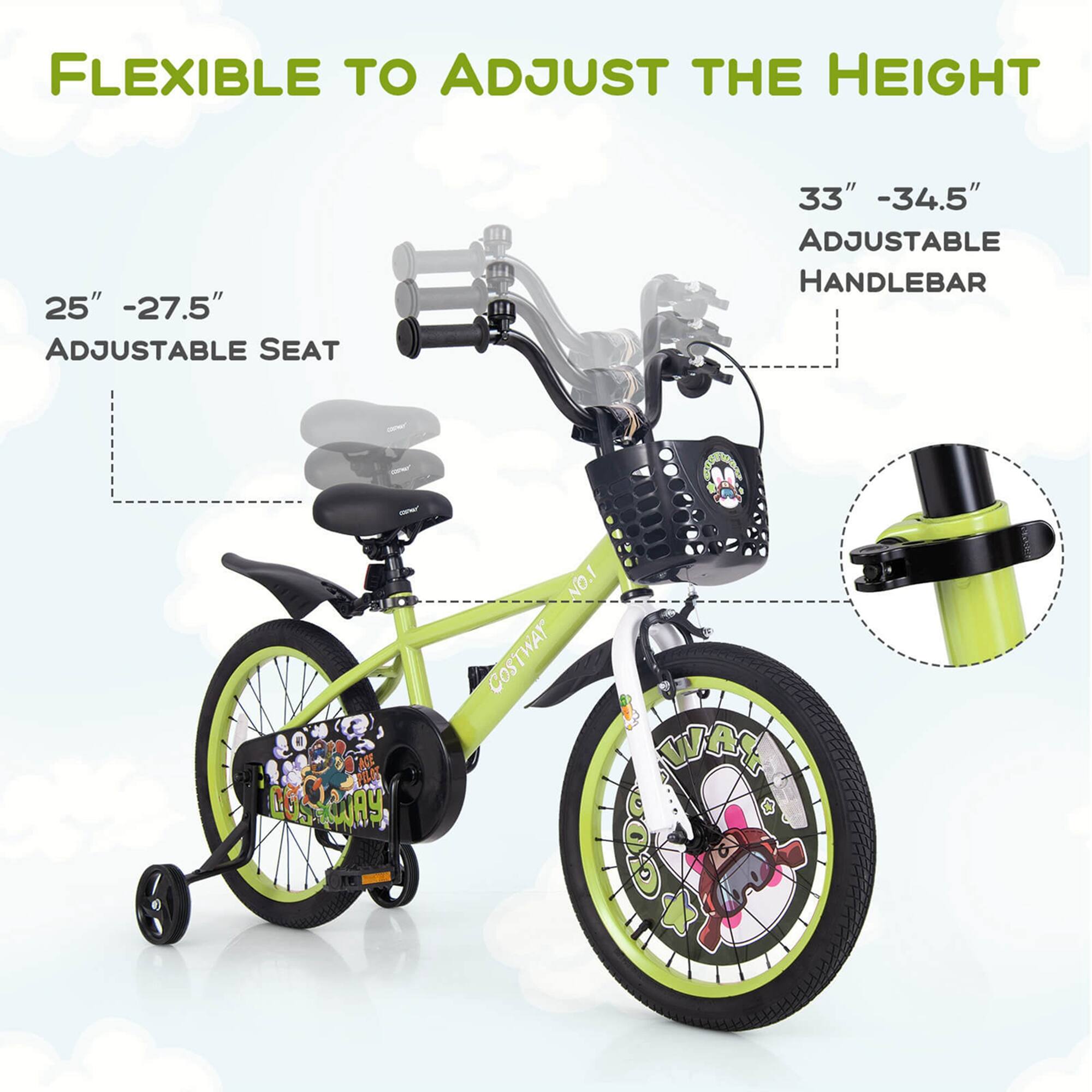 FLEXIBLE TO ADJUST THE HEIGHT

25" - 27.5"  
ADJUSTABLE SEAT

33" - 34.5"  
ADJUSTABLE HANDLEBAR