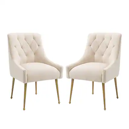 Front. Boyel Living - Beige Tufted Velvet Upholstered Golden Legs Dining Chair with Pulling Handle and Adjustable Foot Nails(Set of 2) - Beige.