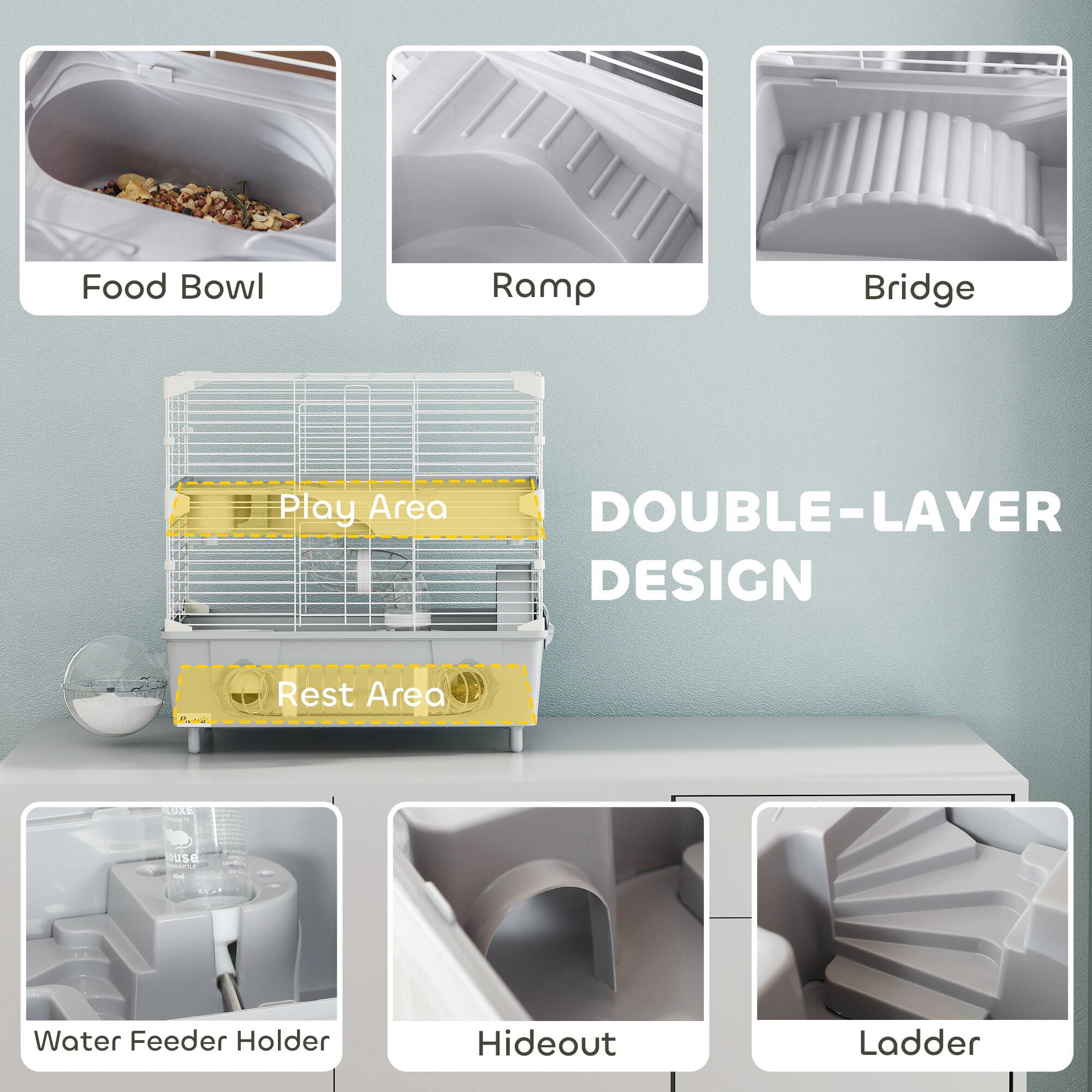 Food Bowl  
Ramp  
Bridge  

Play Area  
Rest Area  

DOUBLE-LAYER DESIGN  

Water Feeder Holder  
Hideout  
Ladder