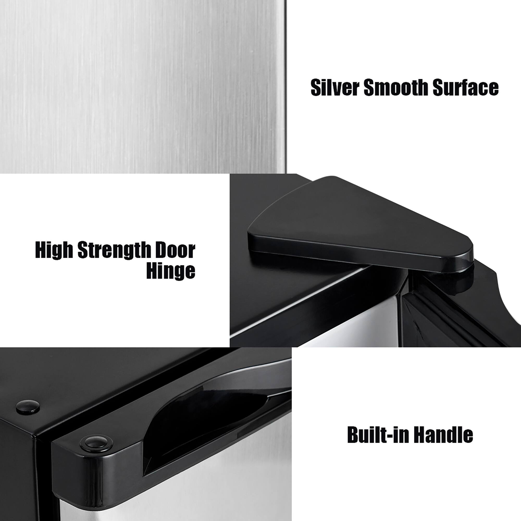 The text on the image is grouped and corrected as follows:

"Silver Smooth Surface High Strength Door Hinge Built-in Handle"