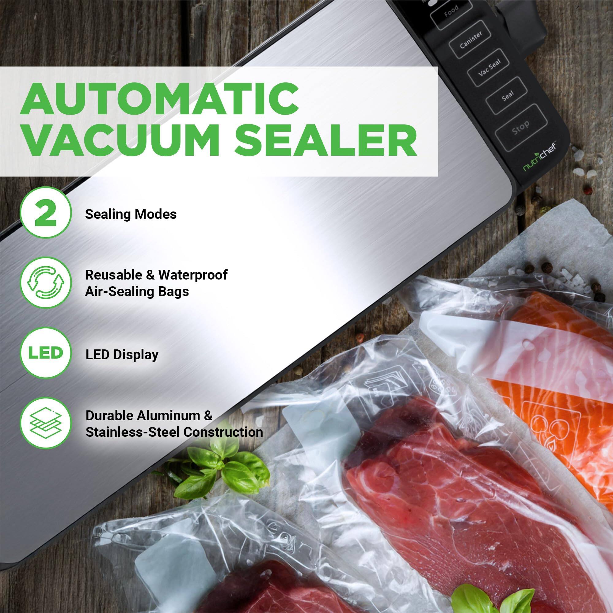 - Food Canister VacSeal Seal Vac
- AUTOMATIC Seal Stop VACUUM SEALER
- nutrcher
- 2 Sealing Modes
- Reusable & Waterproof Air-Sealing Bags
- LED Display
- Durable Aluminum & Stainless-Steel Construction