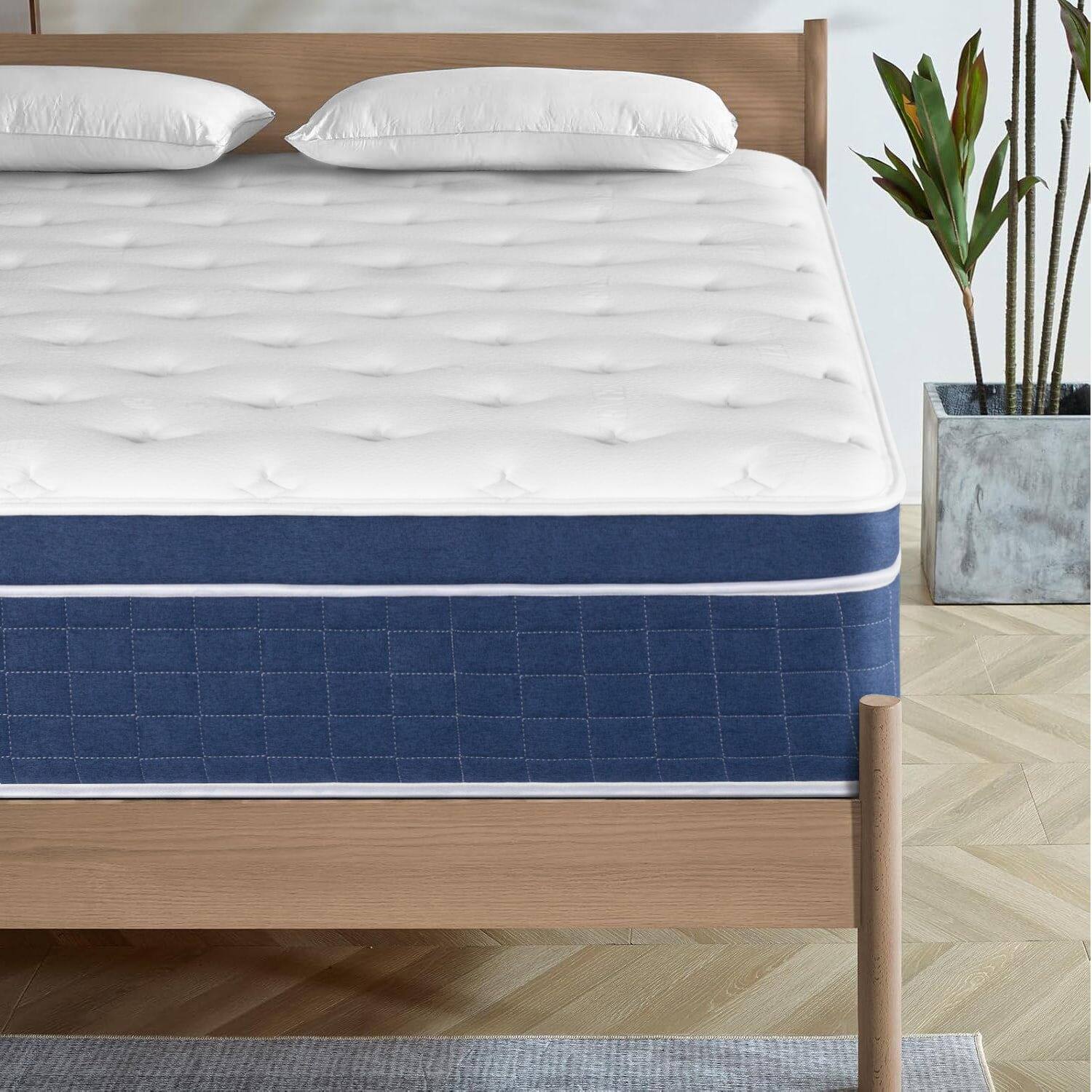 Alt View 4. Kadyn - Queen Size Boxed Memory Foam Hybrid Mattress With Pocketed Springs, 14 Inch Height, White And Blue - White and Blue.