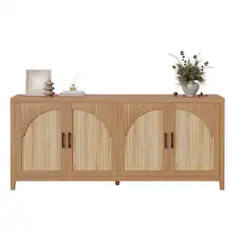 Bestier - 70" Modern TV Stand for TVs up to 75", Wood Media Console with 4 Fluted Curved Doors - brown oak
