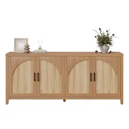 Front. Bestier - 70" Modern TV Stand for TVs up to 75", Wood Media Console with 4 Fluted Curved Doors - brown oak.