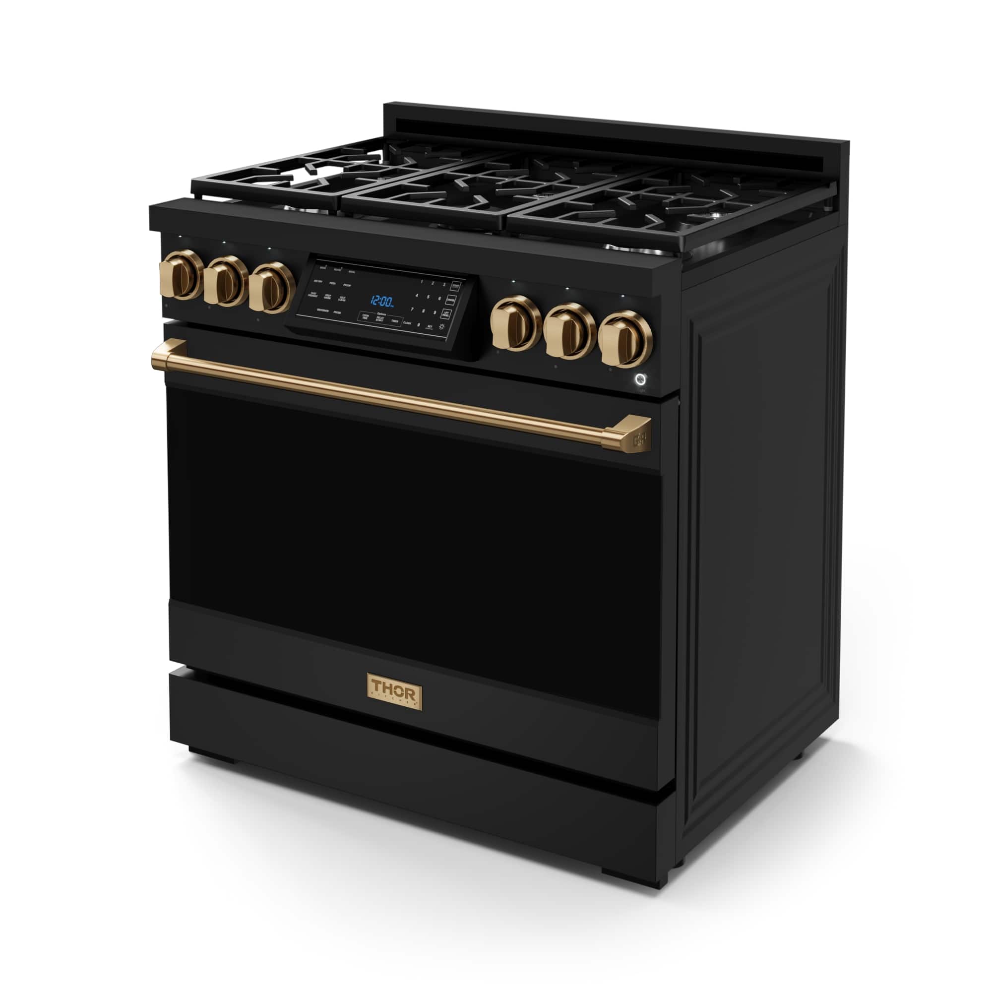 The text on the image reads "200 4 a G THOR." This text is likely a reference to the brand name "Thor" and the model number "200" for the oven. The oven is a black gas stove with a digital display and gold knobs.