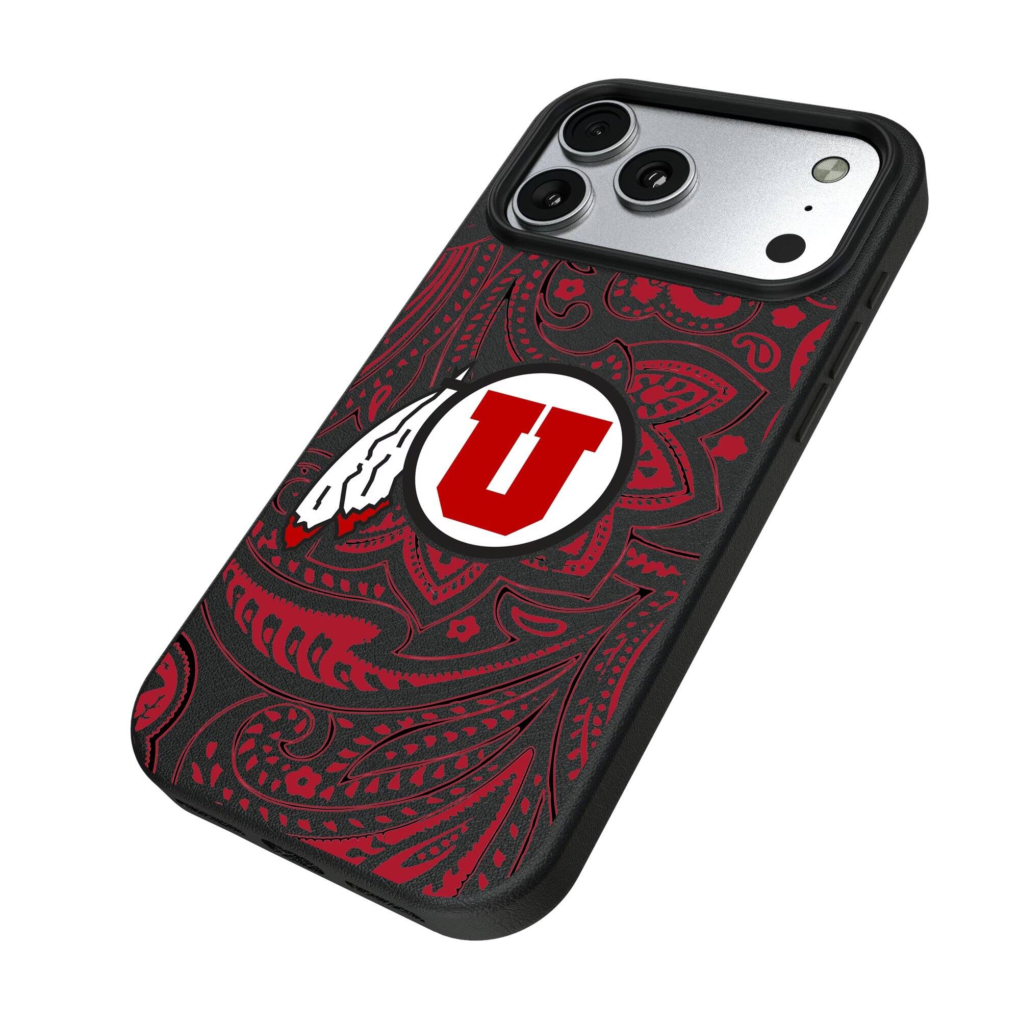 Alt View 1. Keyscaper - Utah Utes Paisley iPhone Magnetic Bump Case - 15 Plus - Black.