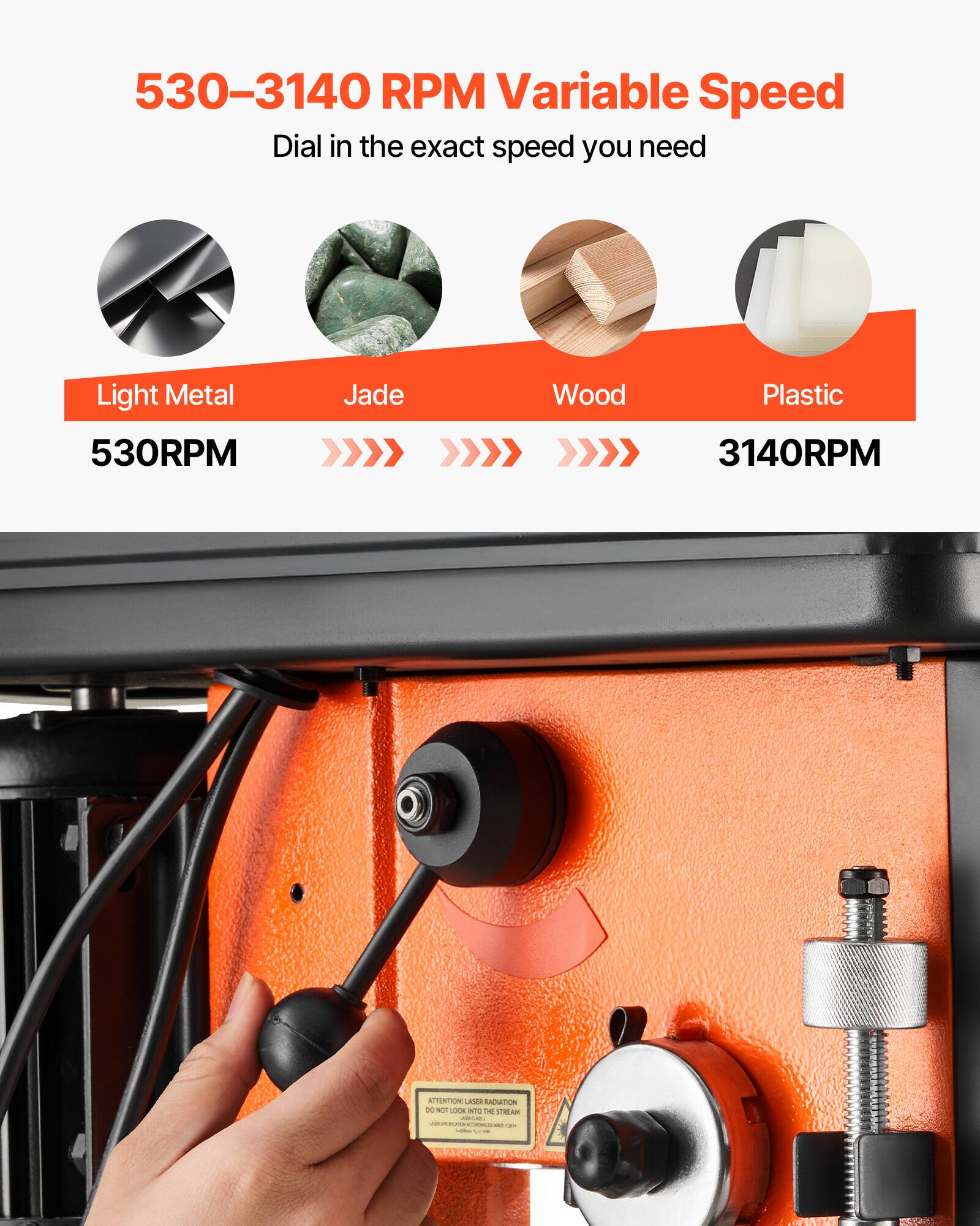 530-3140 RPM Variable Speed Dial in the exact speed you need

Light Metal 530RPM
Jade
Wood
Plastic 3140RPM

ATTENTION LASER RADIATION DO NOT LOOK PRO X AN INFORTING - 2019120 - - -  Sodium