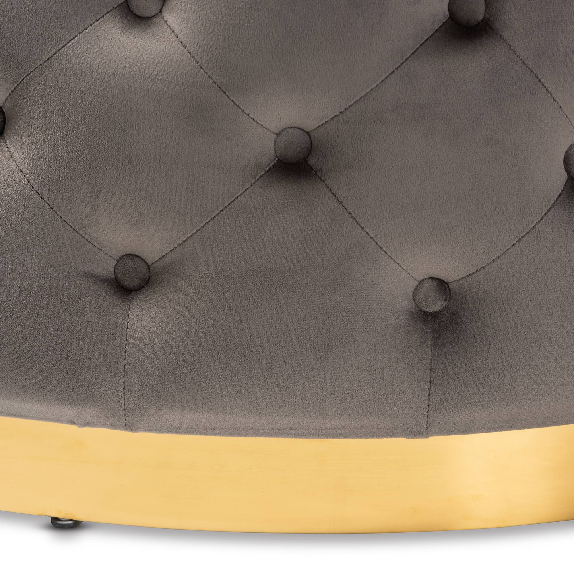 Left. Baxton Studio - Sasha Glam and Luxe Velvet Fabric Upholstered Gold Finished Round Cocktail Ottoman - Grey/Gold.