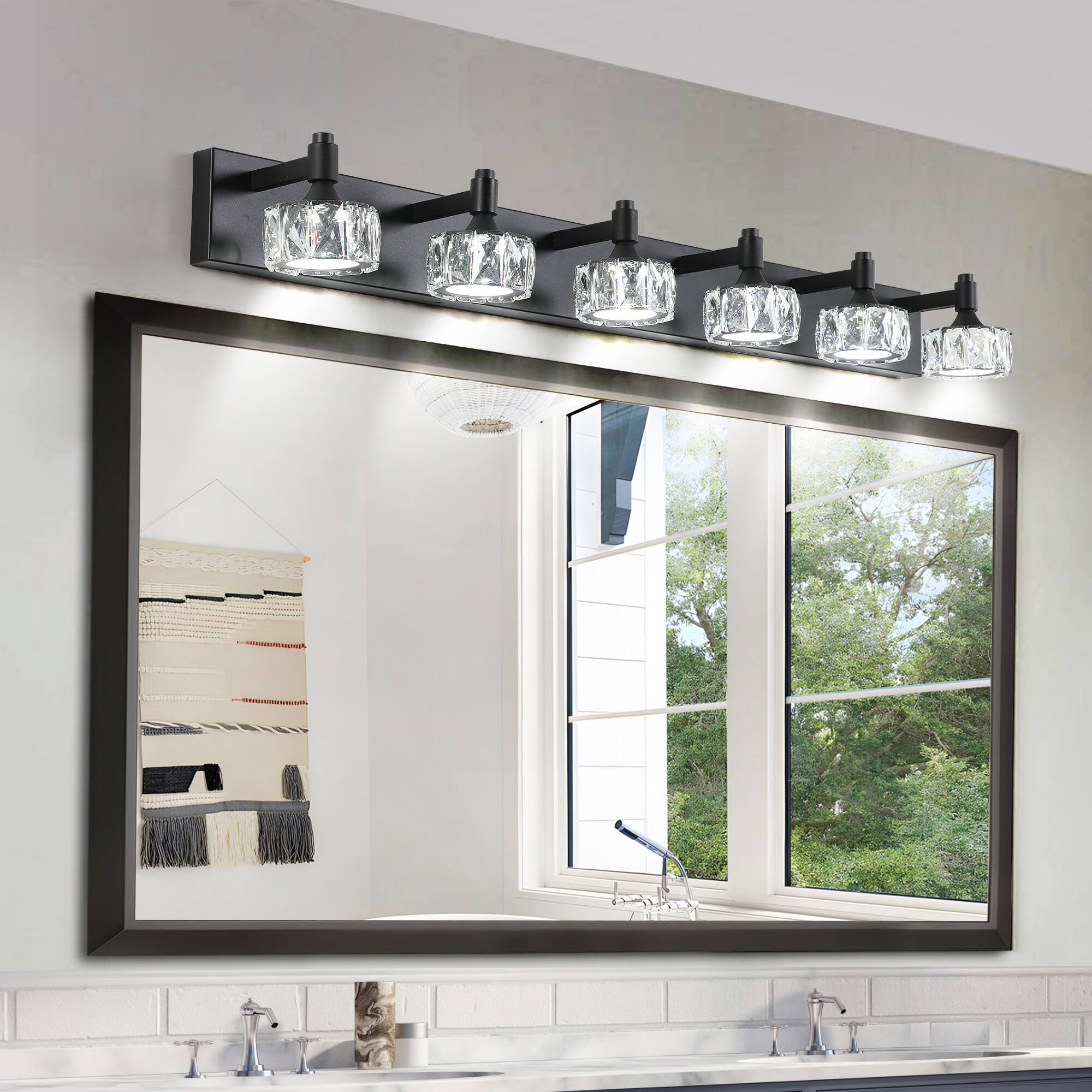 Front. APRILSOUL - Modern 6-Light Matte Black LED Vanity Light Fixture with Crystal Glass Shades Bathroom Wall Sconce.