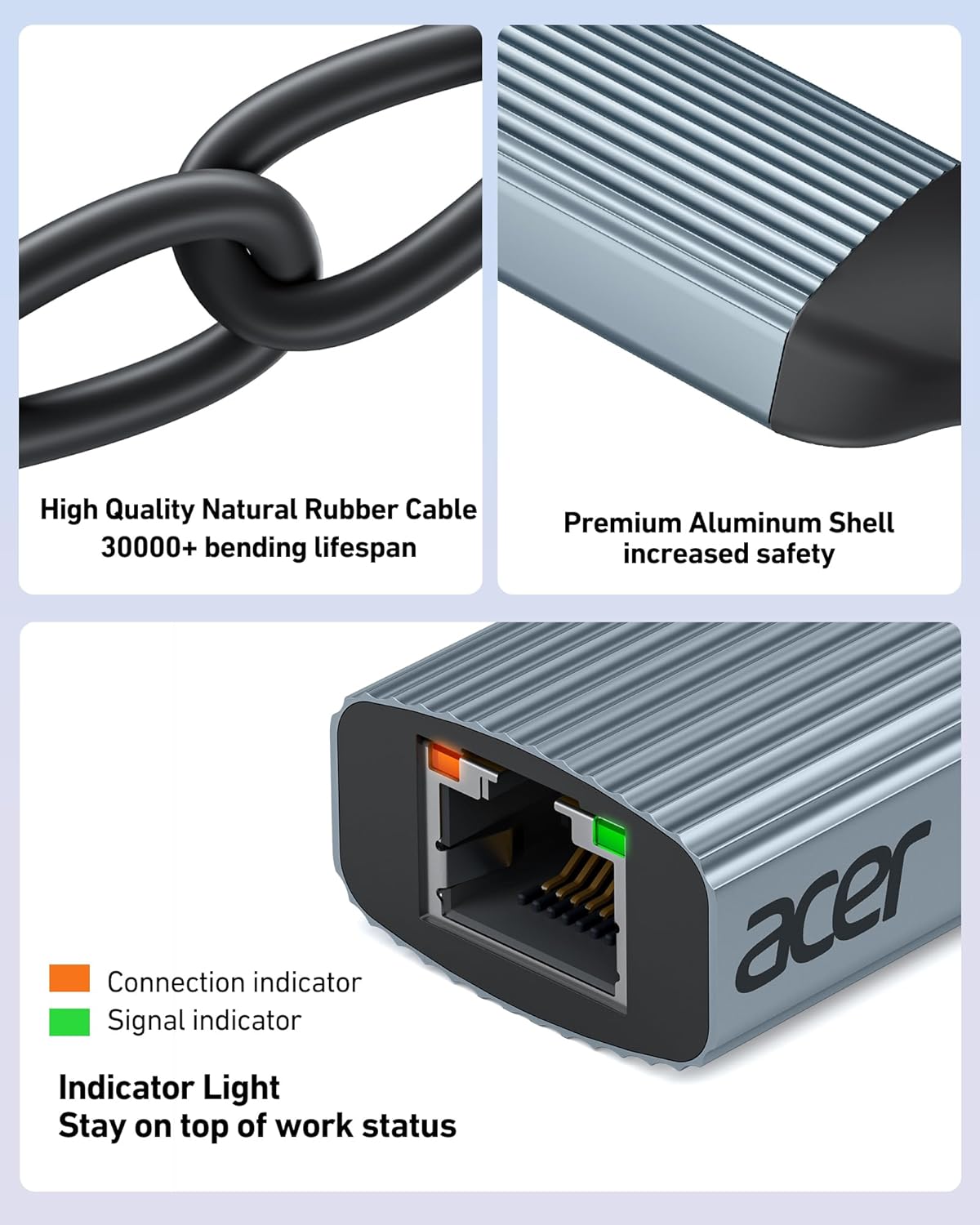 High Quality Natural Rubber Cable  
30000+ bending lifespan  

Premium Aluminum Shell  
increased safety  

Connection indicator  
Signal indicator  

Indicator Light  
Stay on top of work status