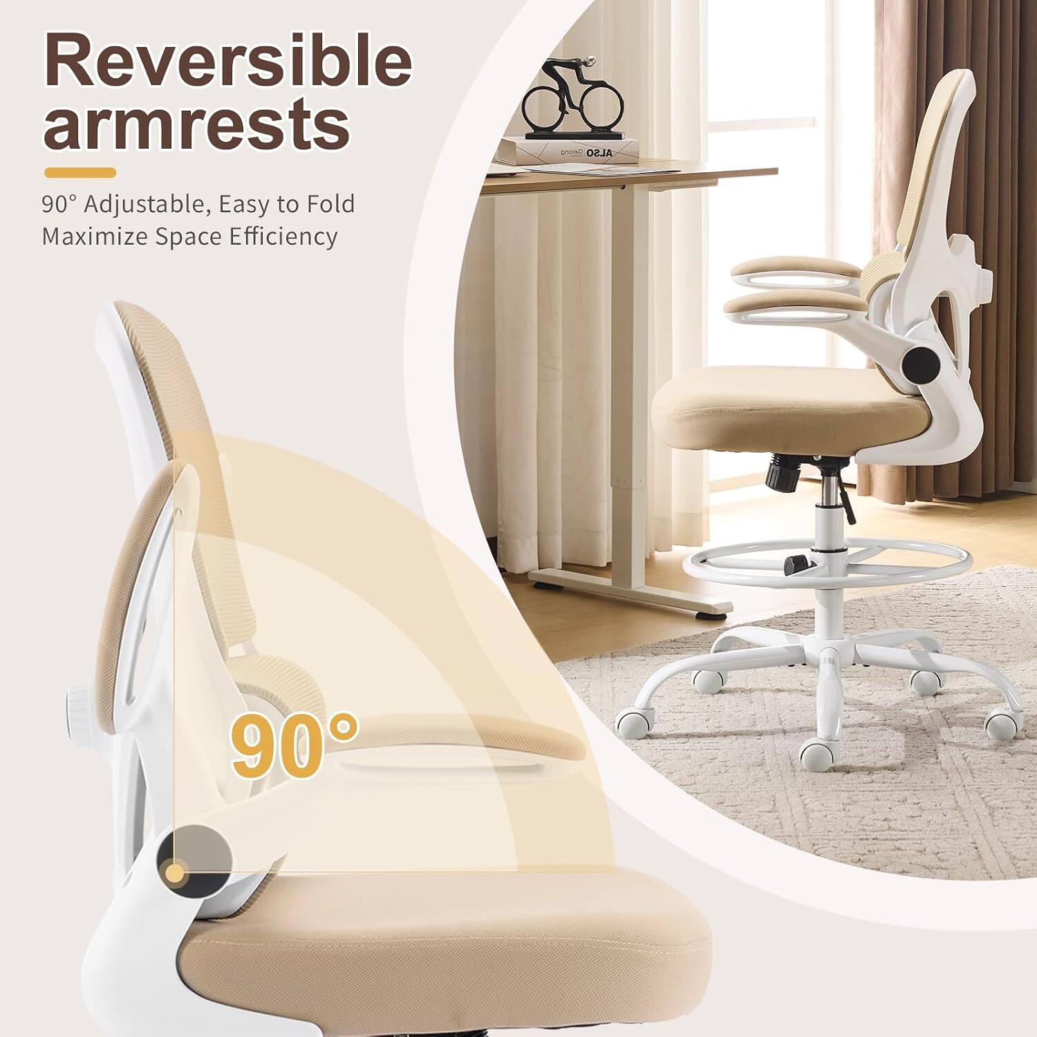 Reversible armrests  
90° Adjustable, Easy to Fold  
Maximize Space Efficiency
