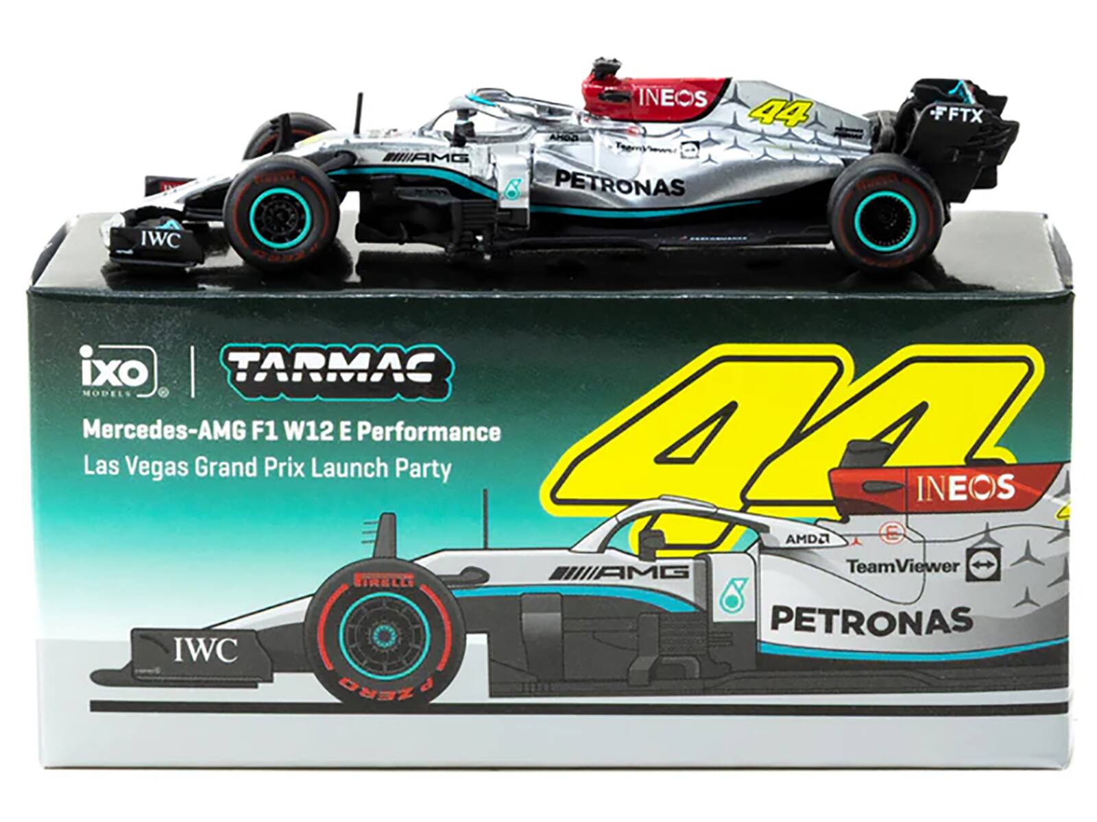 BIIIAMG  
INEOS 44 GOMA PETRONAS  
FTX  
IWC ixo TARMAC MODELS Mercedes-AMG F1 W12 E Performance Las Vegas Grand Prix Launch Party AA AMDA INEOS AMG TeamViewer BRELLI PETRONAS IWC PZERO