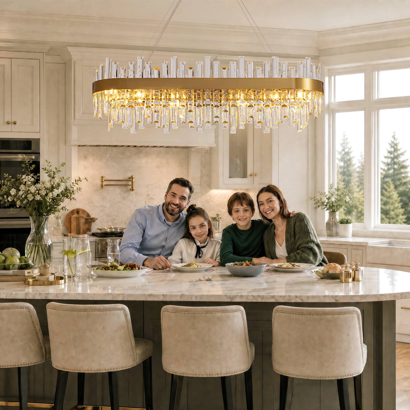 Alt View 4. Siljoy - Luxury Rectangle Crystal Chandelier, 40" Gold Linear Chandelier, 16-Light for Kitchen Island Foyer Living Room - Gold.