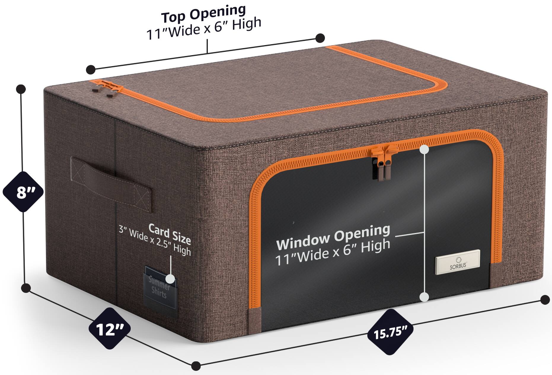 Top Opening  
11" Wide x 6" High  

Window Opening  
11" Wide x 6" High  

Card Size  
3" Wide x 2.5" High  

Summer Shirts  

12"  
8"  
15.75"