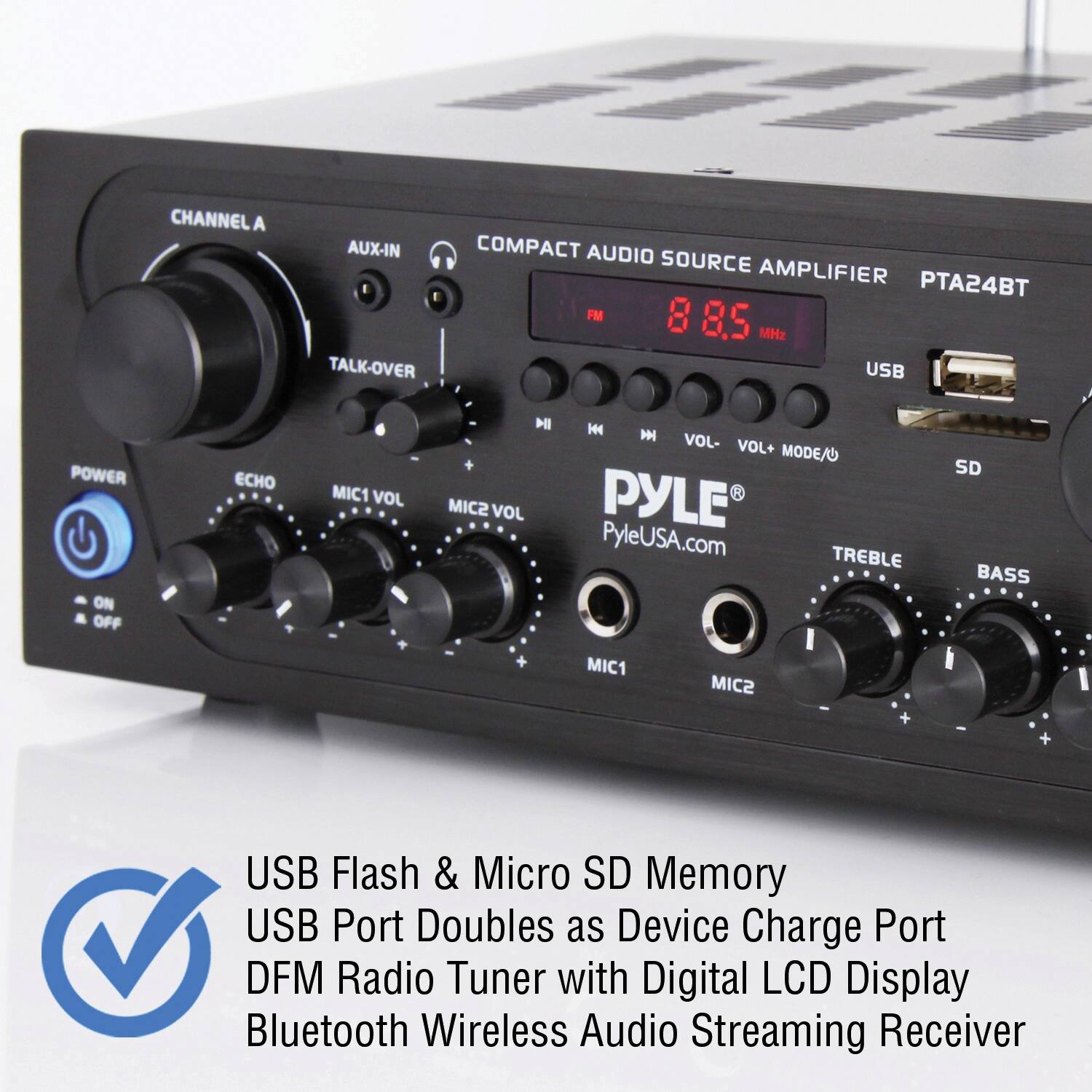 The image features a Pyle brand amplifier with a compact audio source, USB power, and a digital LCD display. The amplifier has a USB port that doubles as a device charge port, and it supports both USB flash and micro SD memory. Additionally, it has a built-in DFM radio tuner and a Bluetooth wireless audio streaming receiver. The amplifier is designed to provide high-quality audio and is suitable for various applications, such as home audio systems, car audio systems, and portable audio devices.