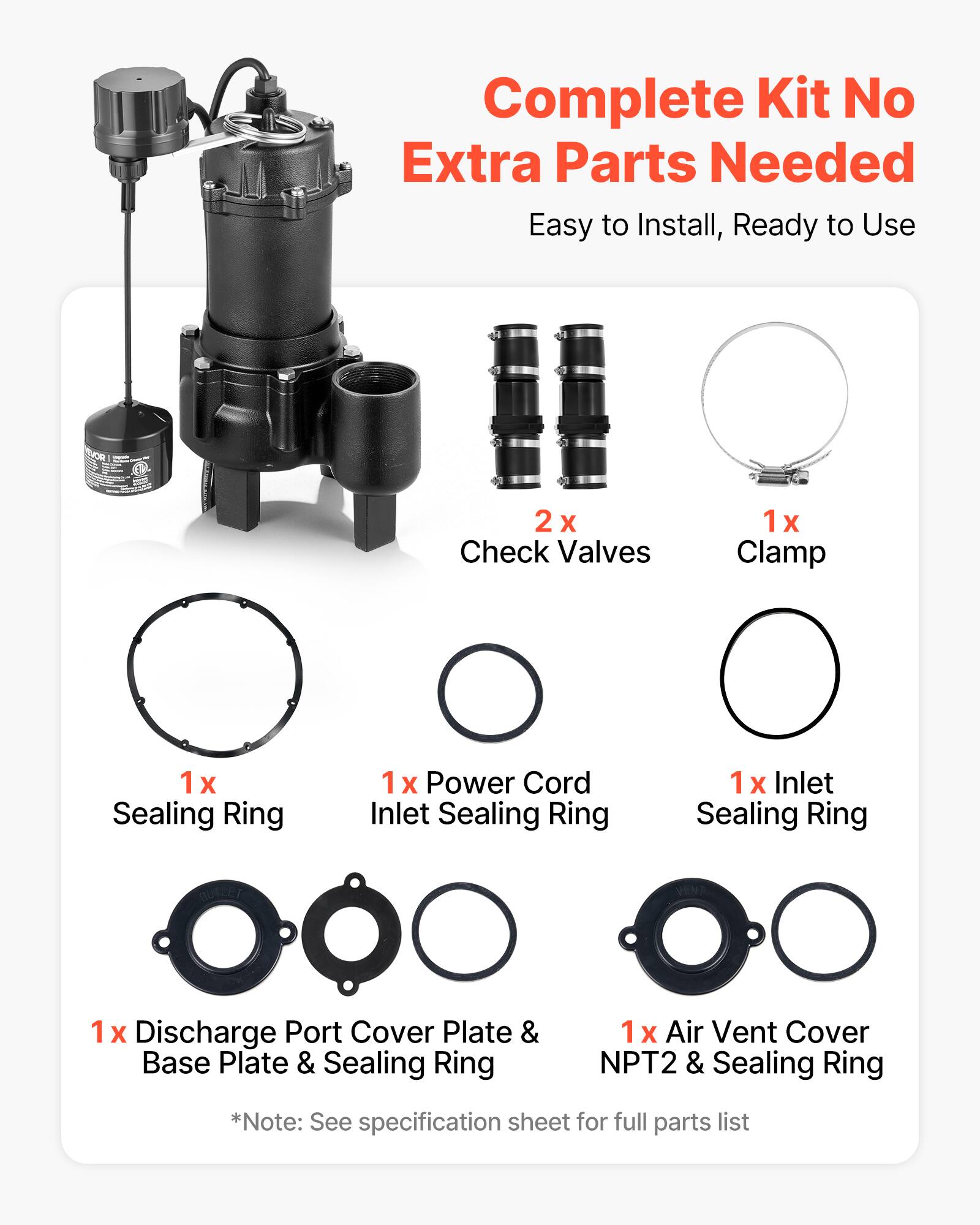 Complete Kit No Extra Parts Needed Easy to Install, Ready to Use

2x Check Valves
1x Clamp
1x Sealing Ring
1x Power Cord Inlet Sealing Ring
1x Inlet Sealing Ring
1x Discharge Port Cover Plate & Base Plate & Sealing Ring
1x Air Vent Cover NPT2 & Sealing Ring

*Note: See specification sheet for full parts list