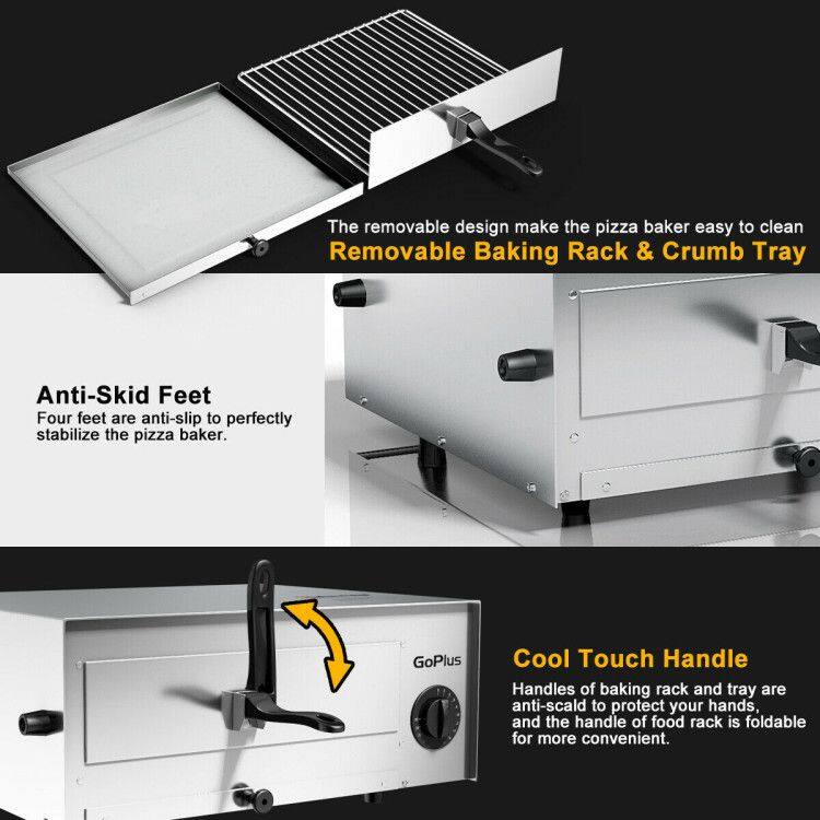 The removable design makes the pizza baker easy to clean. Removable Baking Rack & Crumb Tray

Anti-Skid Feet
Four feet are anti-slip to perfectly stabilize the pizza baker.

Cool Touch Handle
Handles of baking rack and tray are anti-scald to protect your hands, and the handle of food rack is foldable for more convenient.
