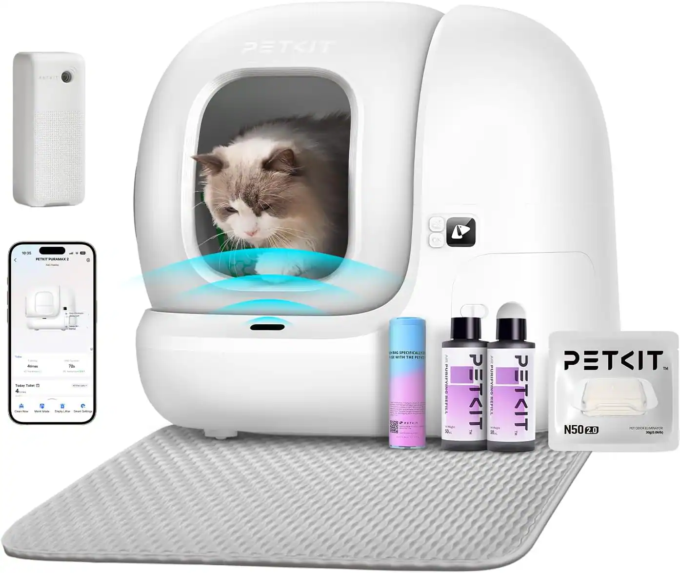 Petkit - PuraMax 2 Upgraded self-Cleaning Wifi Enabled Automatic Cat Litter Box for Multiple Cats with Litter Mat - White