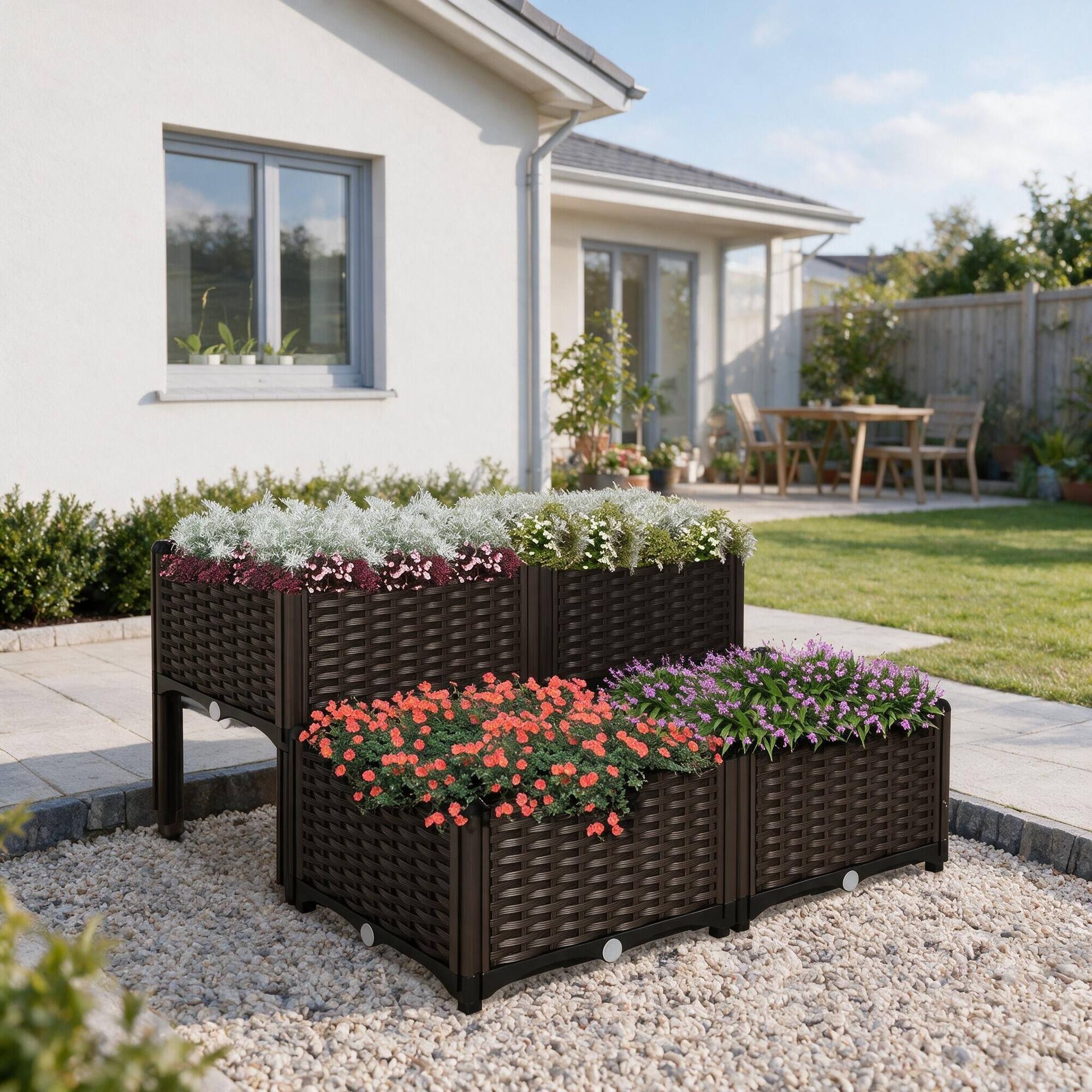 Left. RYHNUYNE - Outsunny 4 Piece Raised Garden Bed with Legs, Self-Watering Planter Box, Plastic Modular Planter for Herbs - Brown.