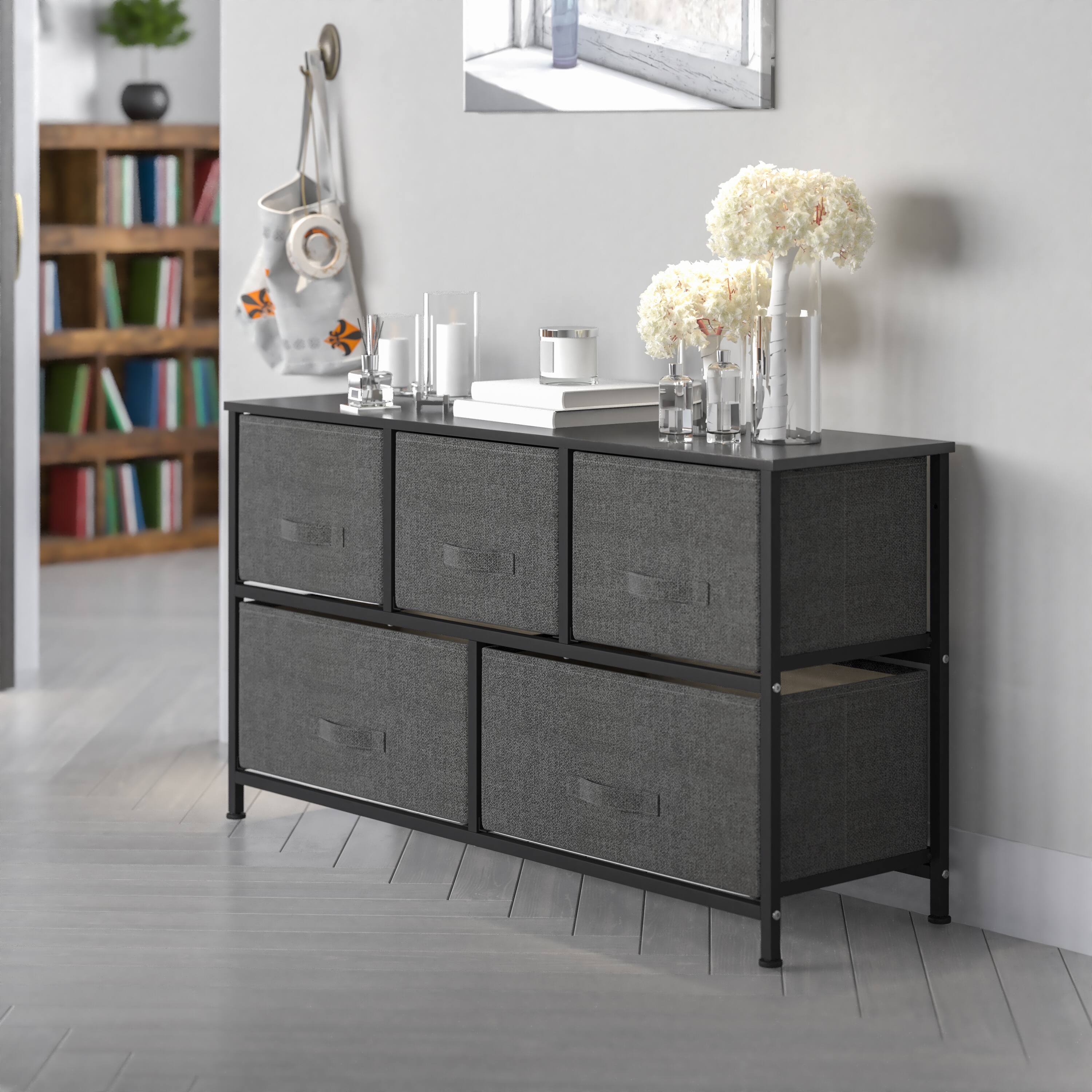 Alt View 1. Emma + Oliver - 5 Drawer Storage Chest with Wood Top & Dark Fabric Pull Drawers - Gray Drawers/Black Frame.