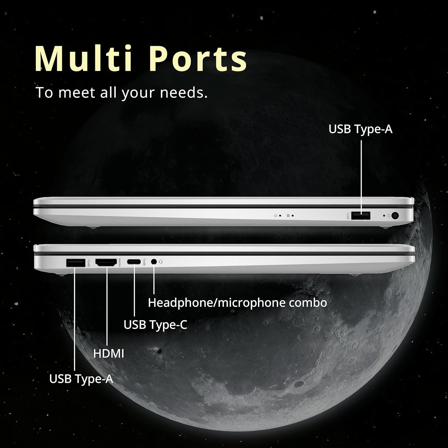 Multi Ports  
To meet all your needs.  

- USB Type-A  
- Headphone/microphone combo  
- USB Type-C  
- HDMI  
- USB Type-A