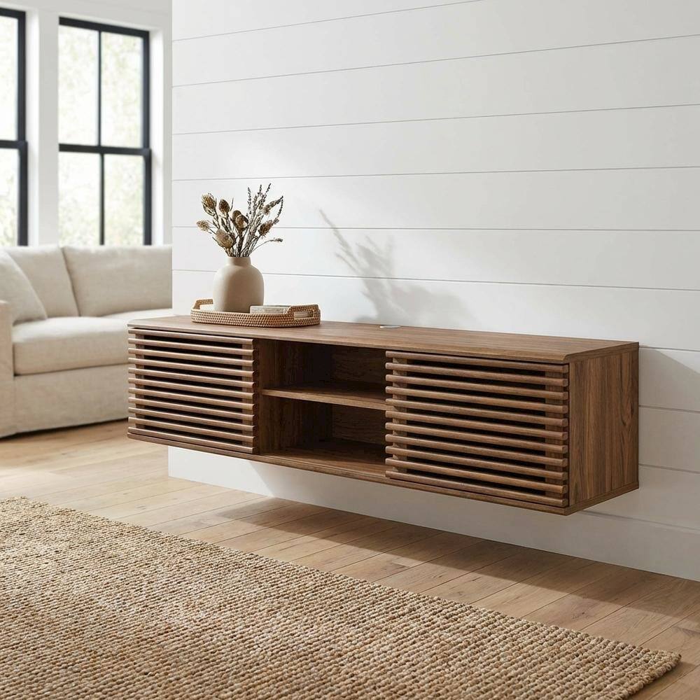 Angle. FurniFact - Brown wood wall-mounted media console with sleek design and sturdy construction - Brown.