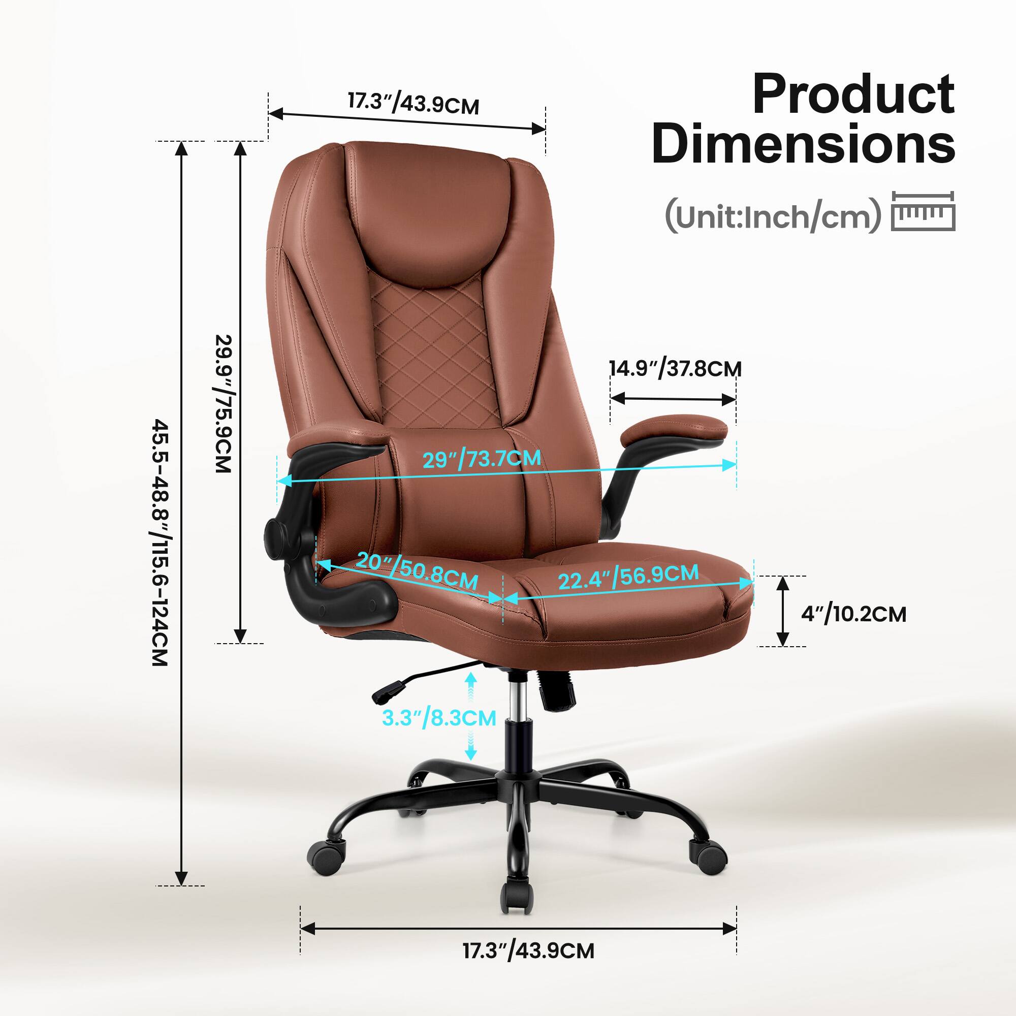 Product Dimensions (Unit: Inch/cm)

- 17.3"/43.9CM
- 45.5-48.8"/115.6-124CM
- 29.9"/75.9CM
- 14.9"/37.8CM
- 29"/73.7CM
- 20"/50.8CM
- 22.4"/56.9CM
- 4"/10.2CM
- 3.3"/8.3CM
- 17.3"/43.9CM