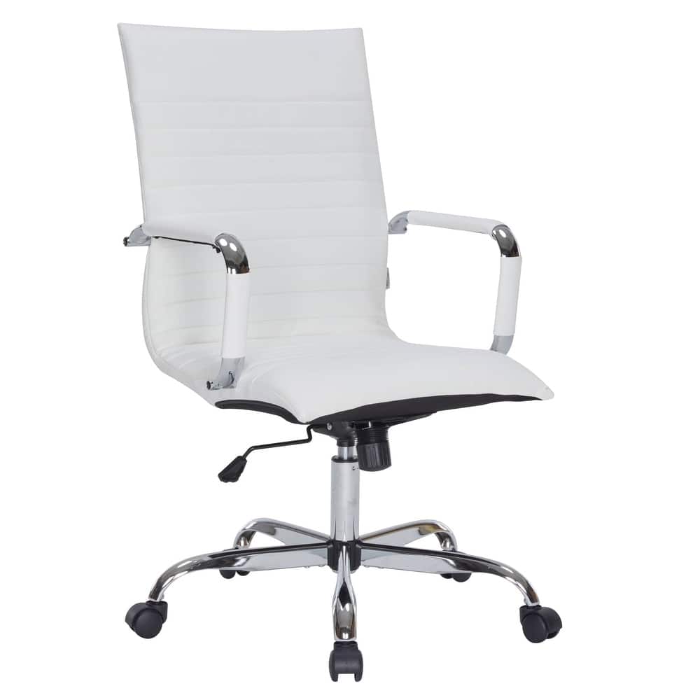 LeisureMod - Harris High-Back Office Chair, Leather Upholstery with Gold Metal Frame Modern Armless Desk Chair for Conference Seating - White