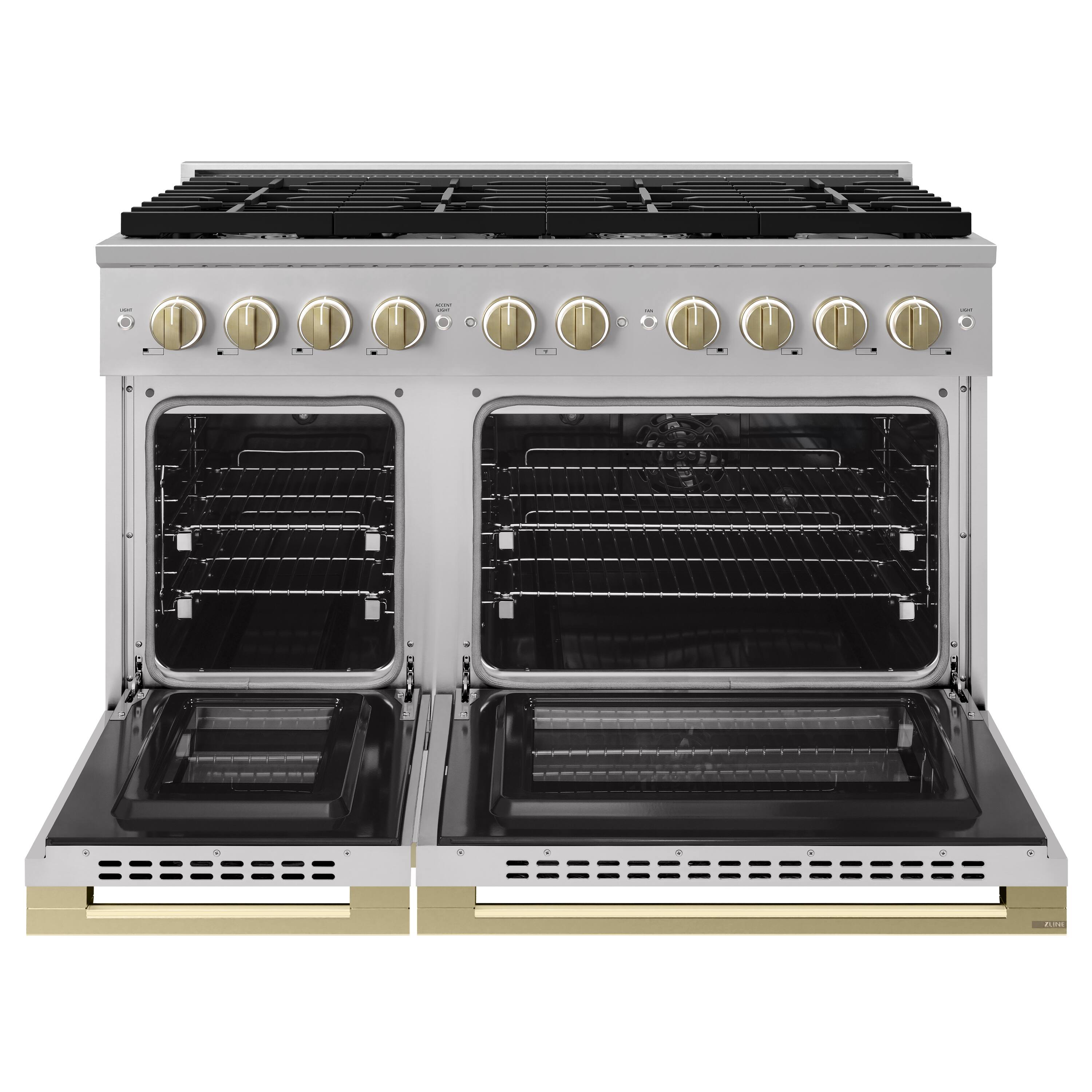 Angle. ZLINE - Autograph 48 in. 6.7 cu. ft. Marino Dual Fuel Freestanding Range w/ 8 Gas Burners & Convection Oven w/ Bronze Accents - Stainless Steel.