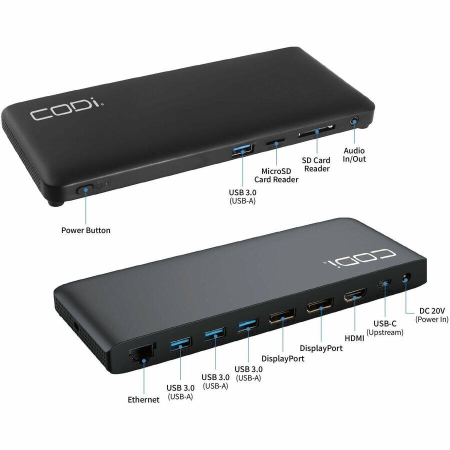 CODi.  
Audio In/Out  
MicroSD Card Reader  
SD Card Reader  
USB 3.0 (USB-A)  
Power Button  
DC 20V (Power In)  
USB-C (Upstream)  
HDMI  
DisplayPort  
USB 3.0 (USB-A)  
USB 3.0 (USB-A)  
Ethernet (USB-A)