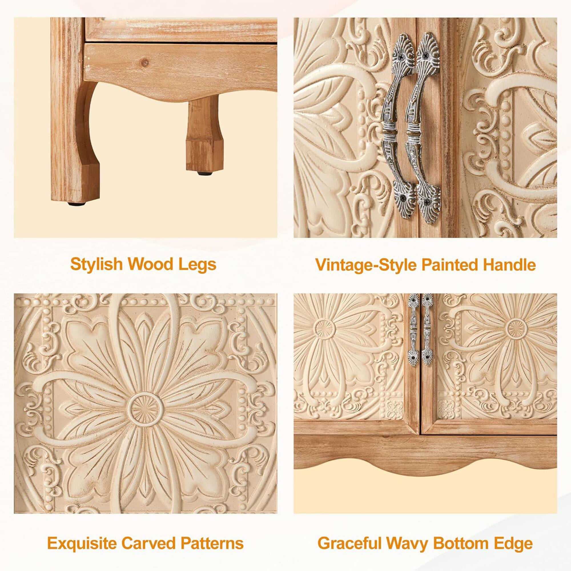 Stylish Wood Legs  
Vintage-Style Painted Handle  
Exquisite Carved Patterns  
Graceful Wavy Bottom Edge