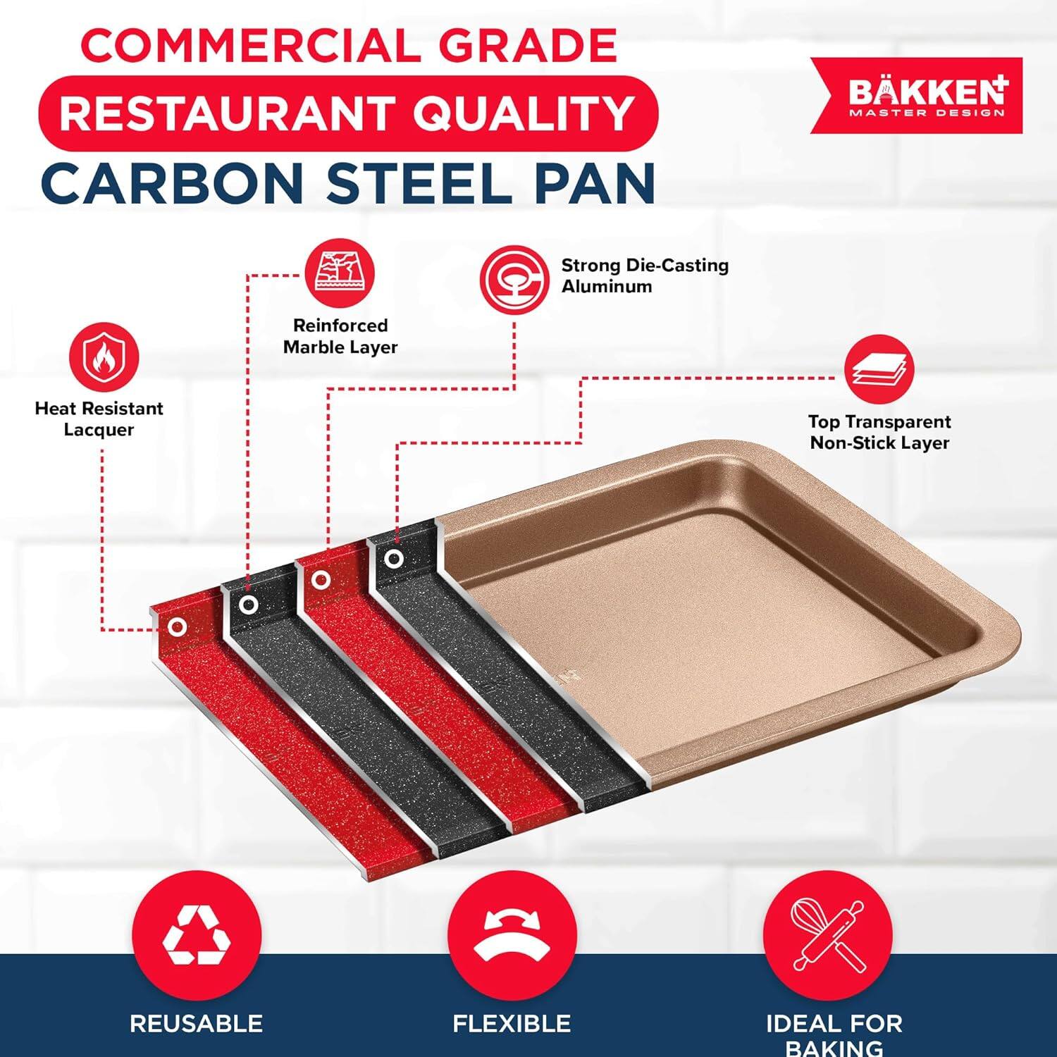 COMMERCIAL GRADE RESTAURANT QUALITY CARBON STEEL PAN BKKEN MASTER DESIGN
Strong Die-Casting Aluminum
Reinforced Marble Layer
Heat Resistant Lacquer
Top Transparent Non-Stick Layer
REUSABLE
FLEXIBLE
IDEAL FOR BAKING