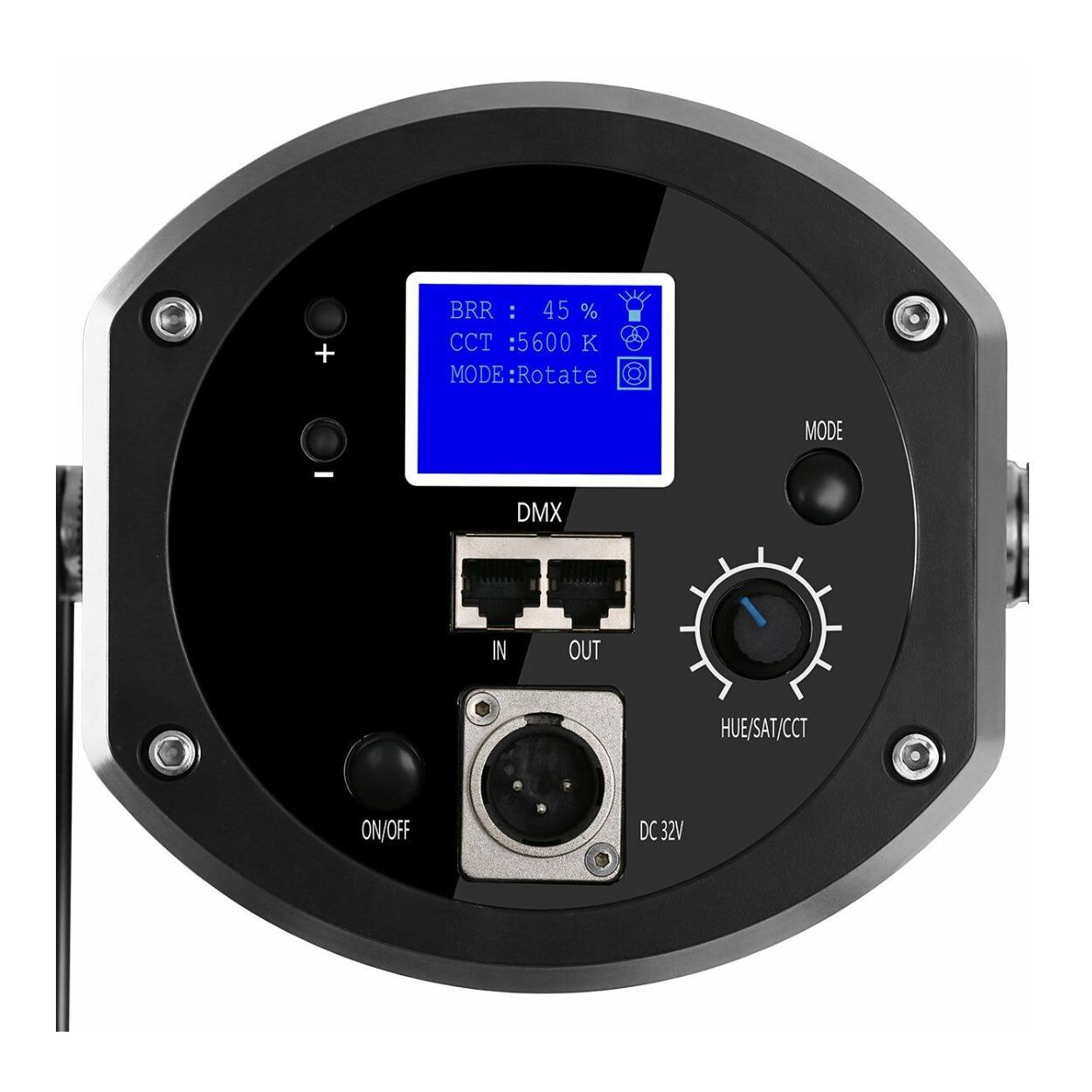 BRR: 45%  
CCT: 5600 K  
MODE: Rotate  

DMX  
IN  
OUT  
HUE/SAT/CCT  
ON/OFF  
DC 32V