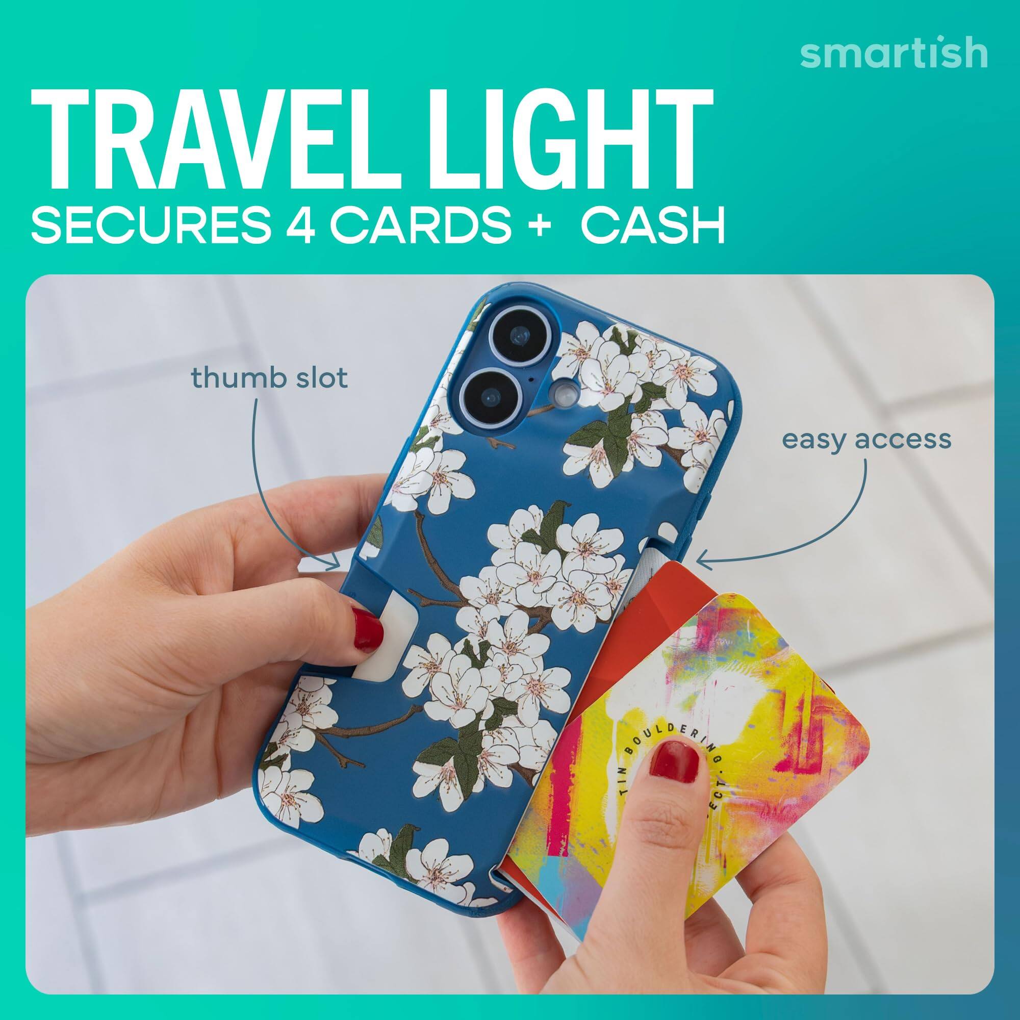 smartish TRAVEL LIGHT SECURES 4 CARDS + CASH  
thumb slot  
easy access