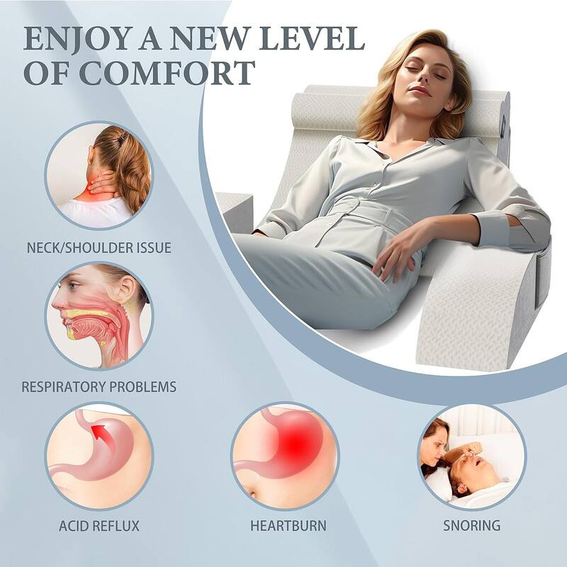ENJOY A NEW LEVEL OF COMFORT

- NECK/SHOULDER ISSUE
- RESPIRATORY PROBLEMS
- ACID REFLUX
- HEARTBURN
- SNORING