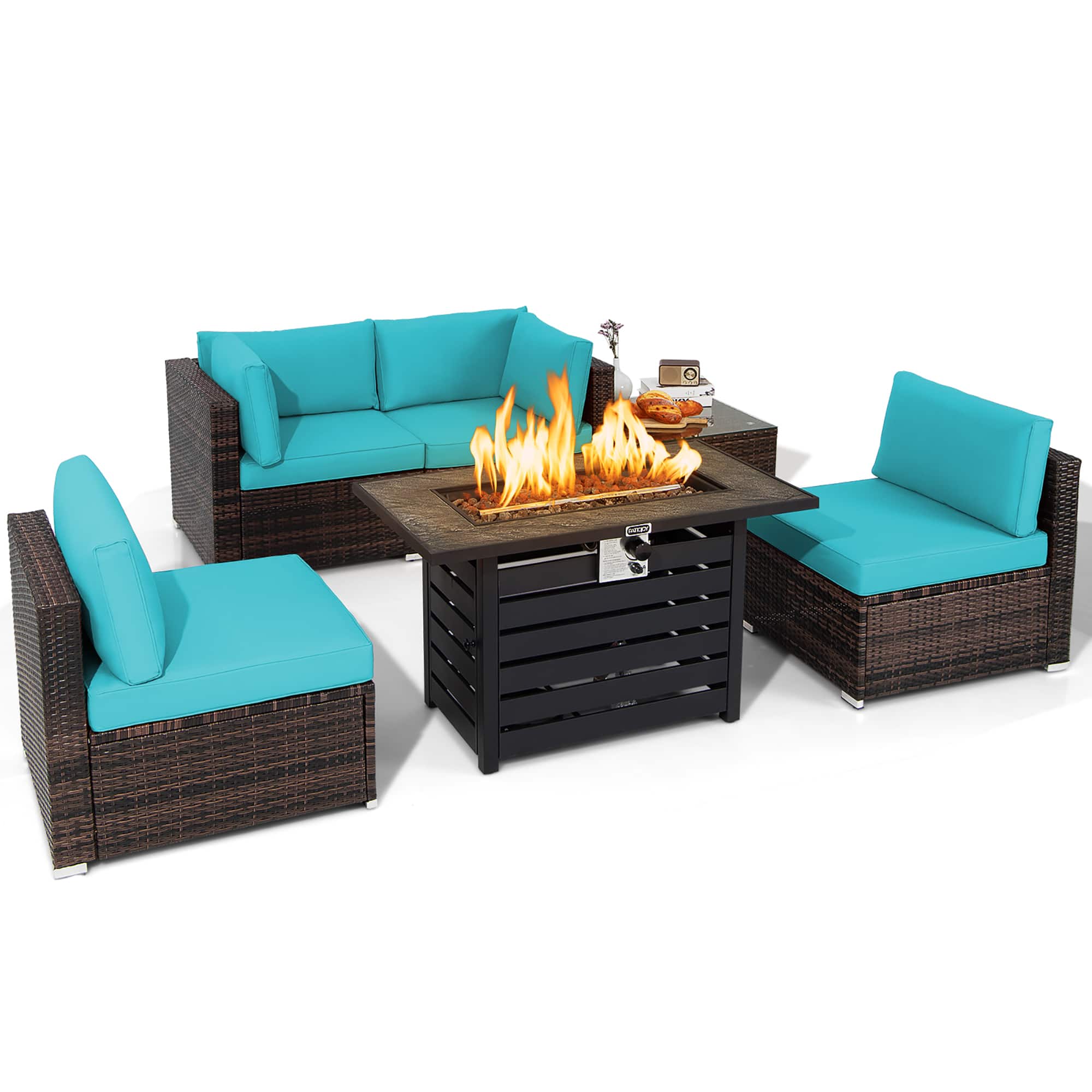 "Costway - 6PCS Patio Rattan Furniture Set 42"" Fire Pit Table Cover Sofa Cushion - Mix Brown,Turquoise" price history on PriceWatchPro