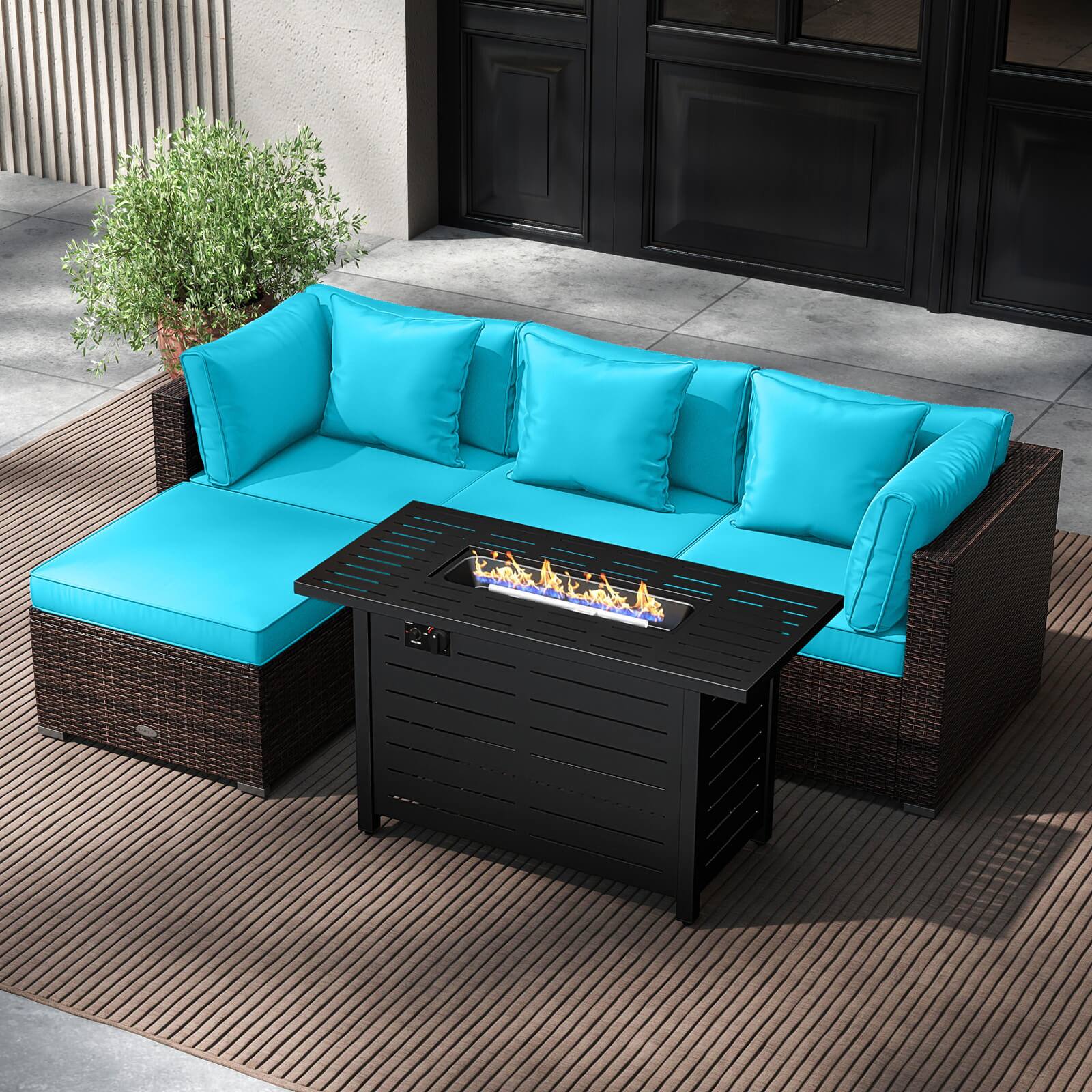 Alt View 3. Costway - Costway 5 PCS Patio Furniture Set Heavy-duty Frame Rattan Sofa Set with 60,000 BTU Firepit Table - Turquoise.