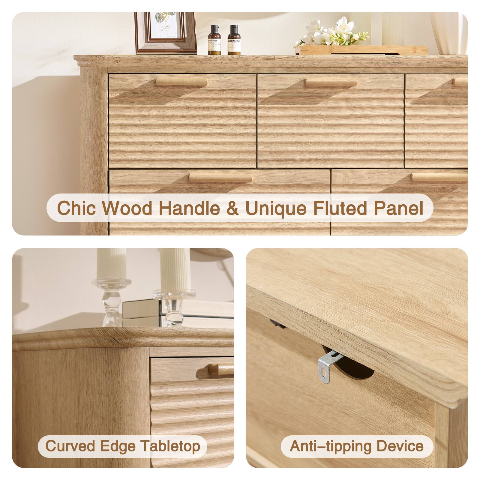 - Chic Wood Handle & Unique Fluted Panel
- Curved Edge Tabletop
- Anti-tipping Device