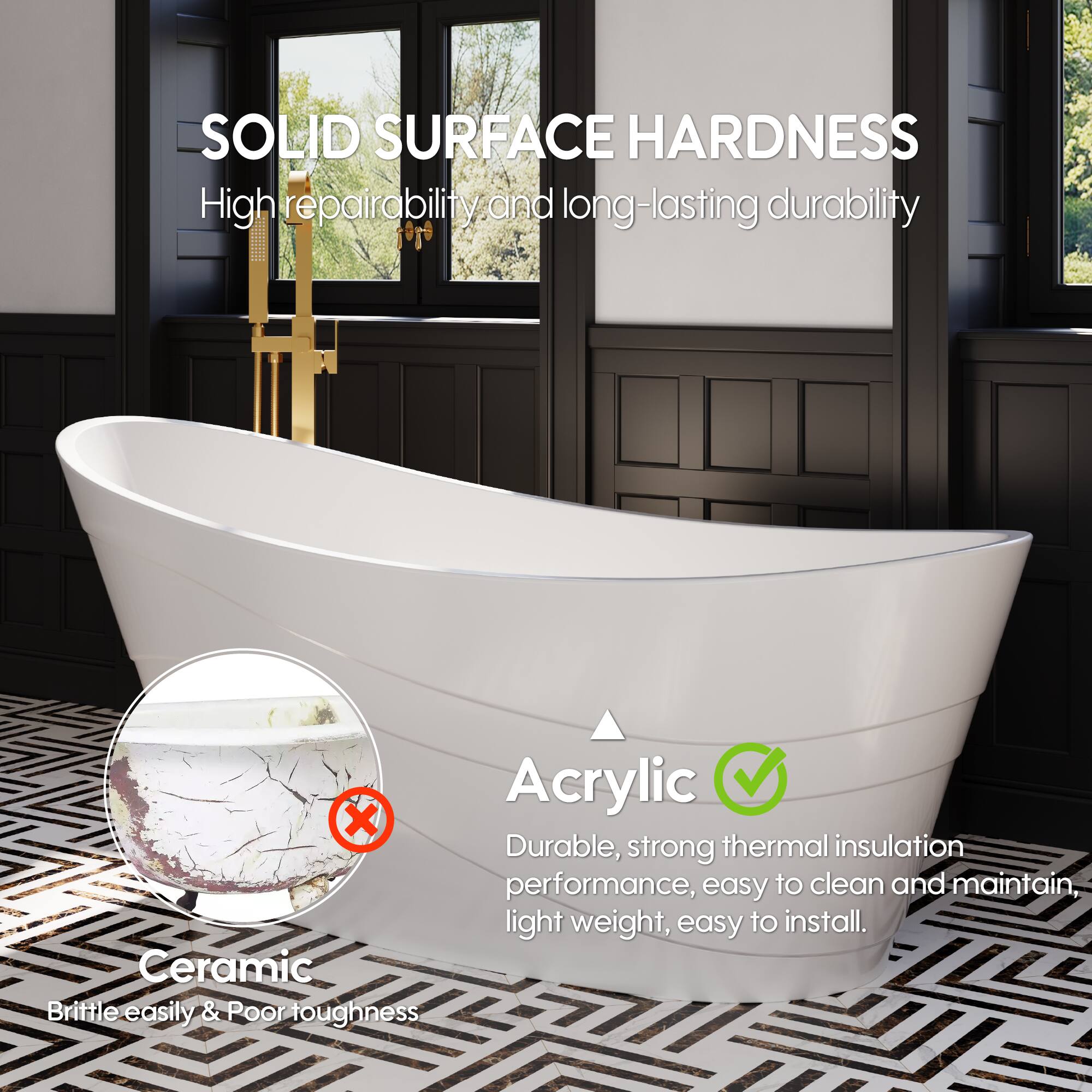 SOLID SURFACE HARDNESS  
High repairability and long-lasting durability  

Acrylic  
Durable, strong thermal insulation performance, easy to clean and maintain, light weight, easy to install.  

Ceramic  
Brittle easily & Poor toughness